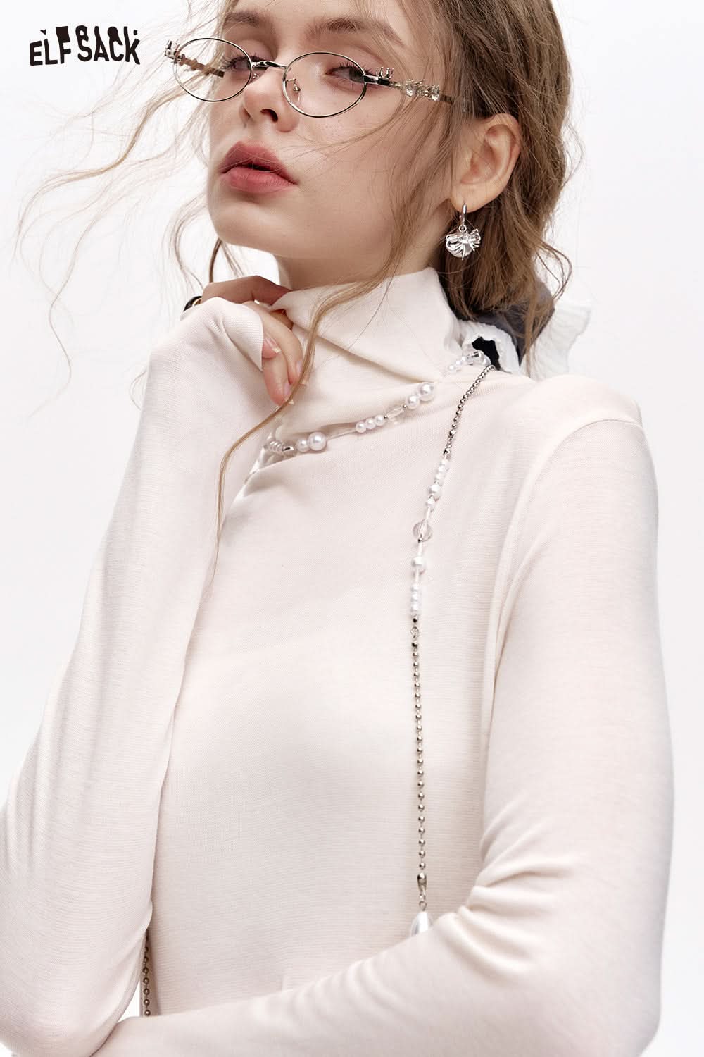 ELFSACK Pile collar inner wear sweater women solid color bottom T-shirt