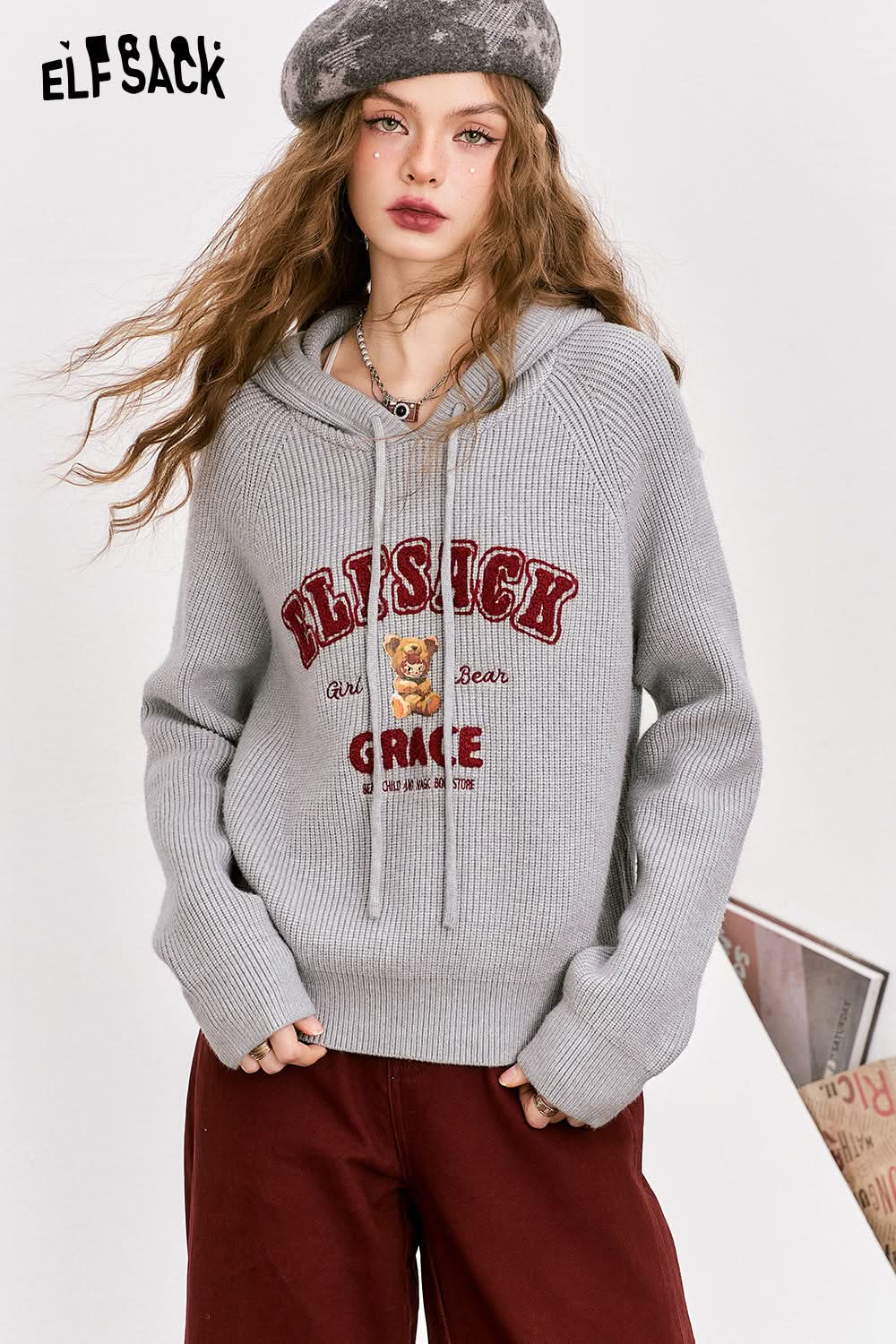 ELFSACK hooded knitted pullover preppy style interior top