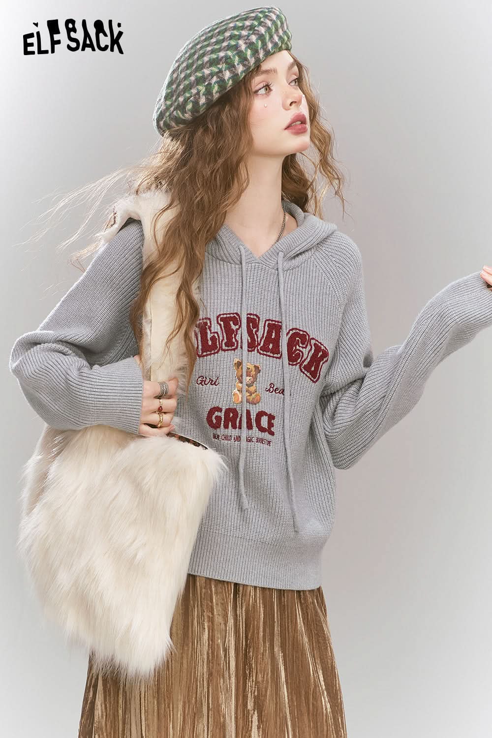 ELFSACK hooded knitted pullover preppy style interior top