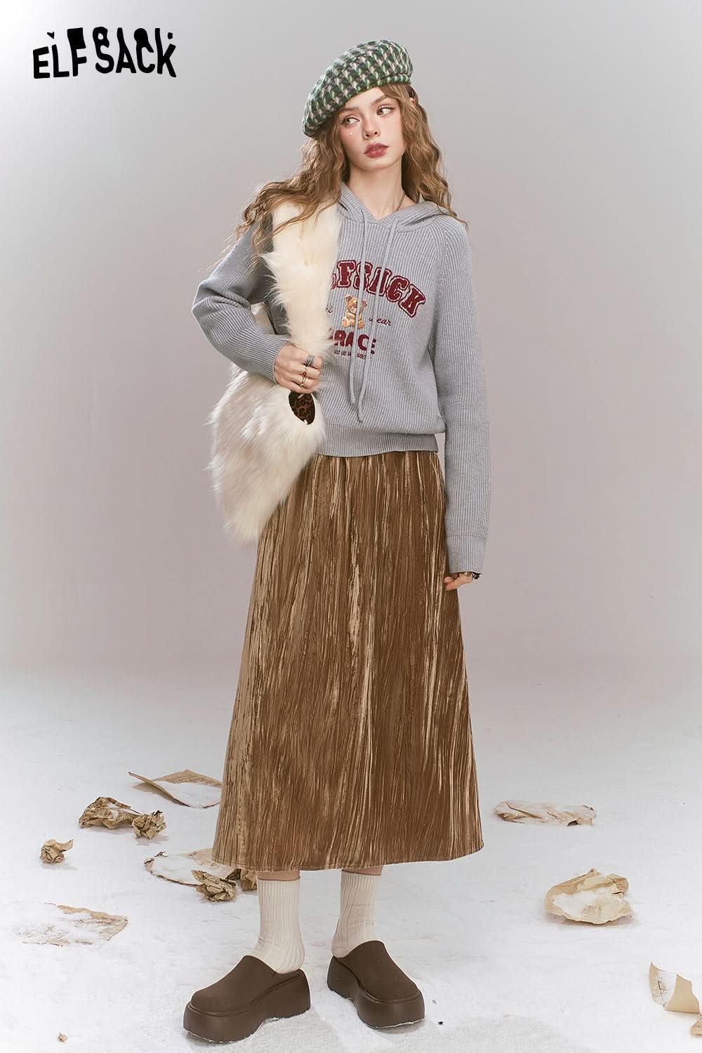 ELFSACK hooded knitted pullover preppy style interior top