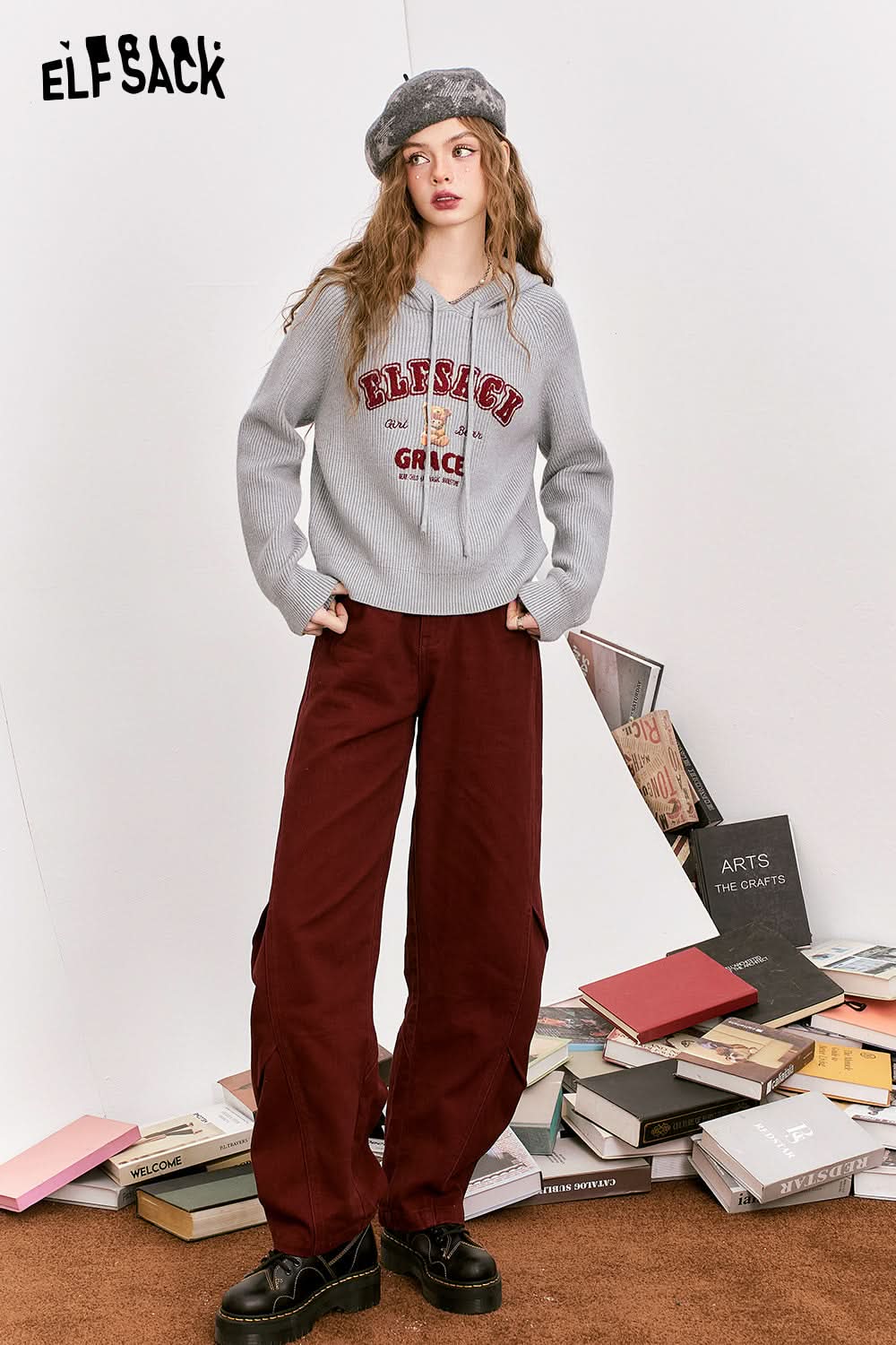 ELFSACK hooded knitted pullover preppy style interior top