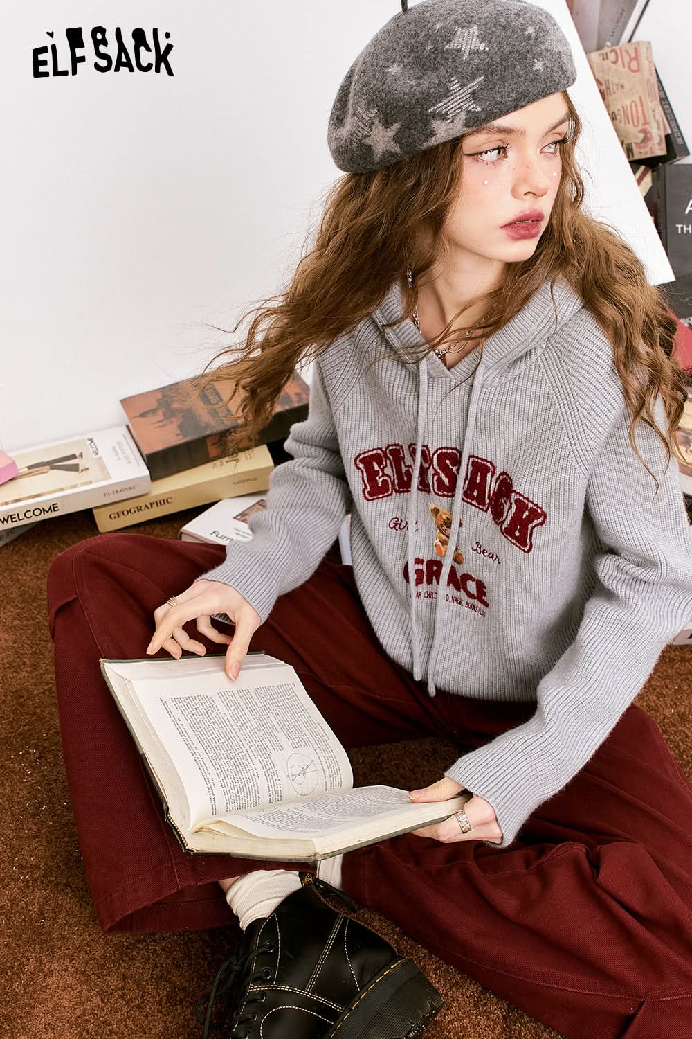 ELFSACK hooded knitted pullover preppy style interior top