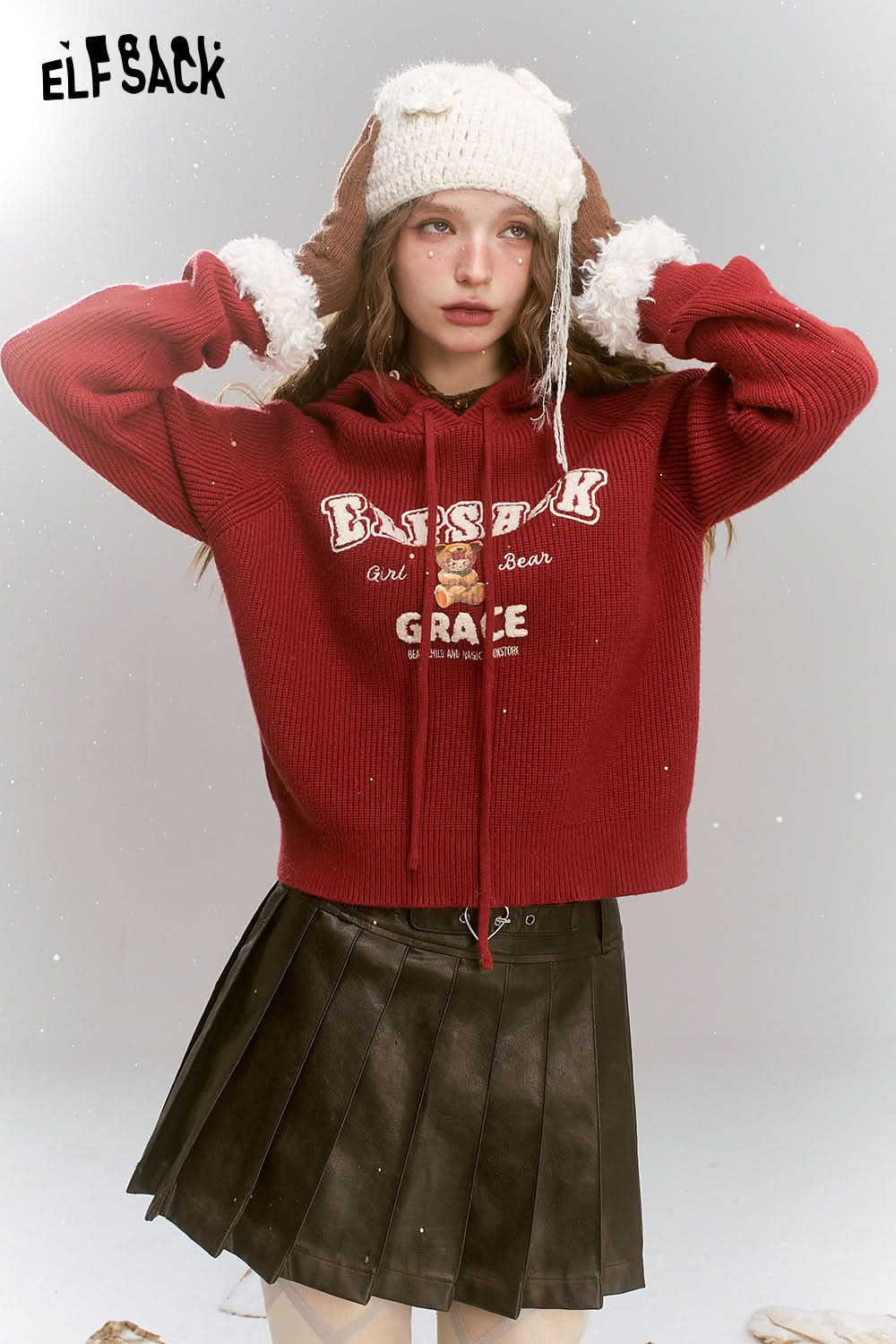 ELFSACK hooded knitted pullover preppy style interior top