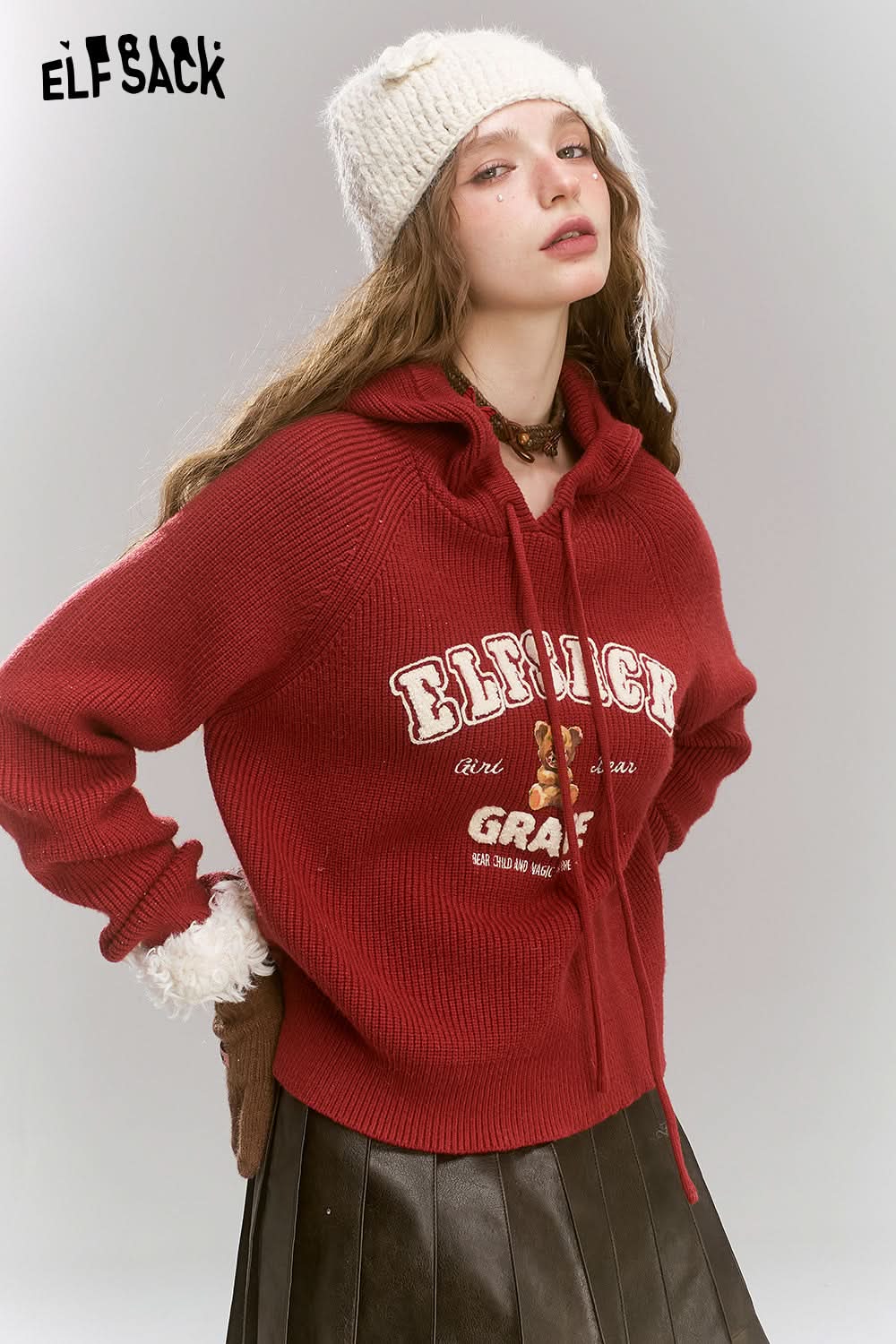 ELFSACK hooded knitted pullover preppy style interior top