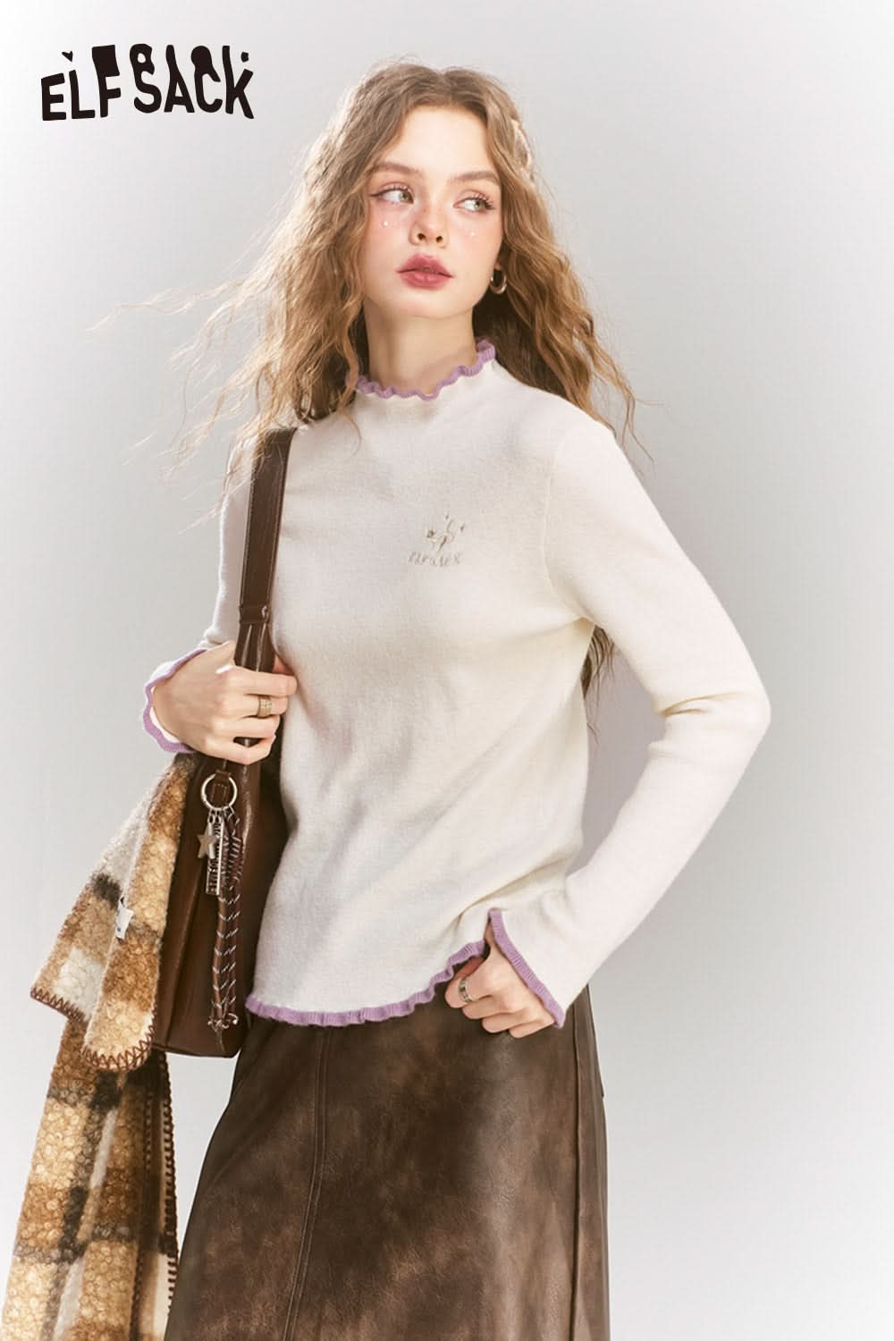 ELFSACK Ruffled contrasting half-high collar sweater, slim fit and versatile bottoming shirt