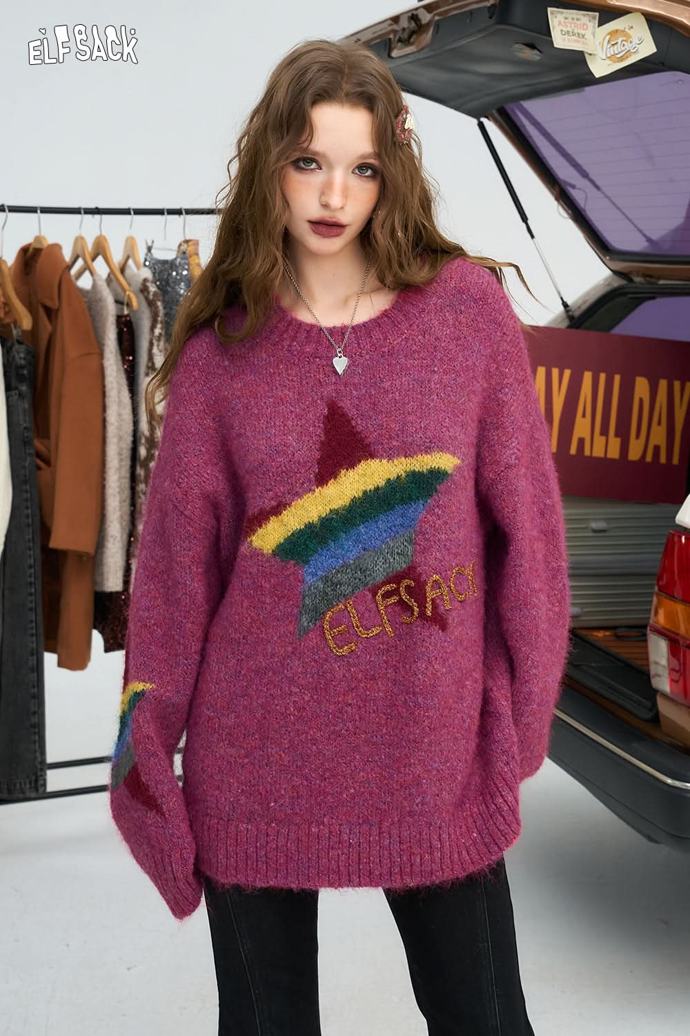 ELFSACK Rainbow pentagram loose pullover sweater