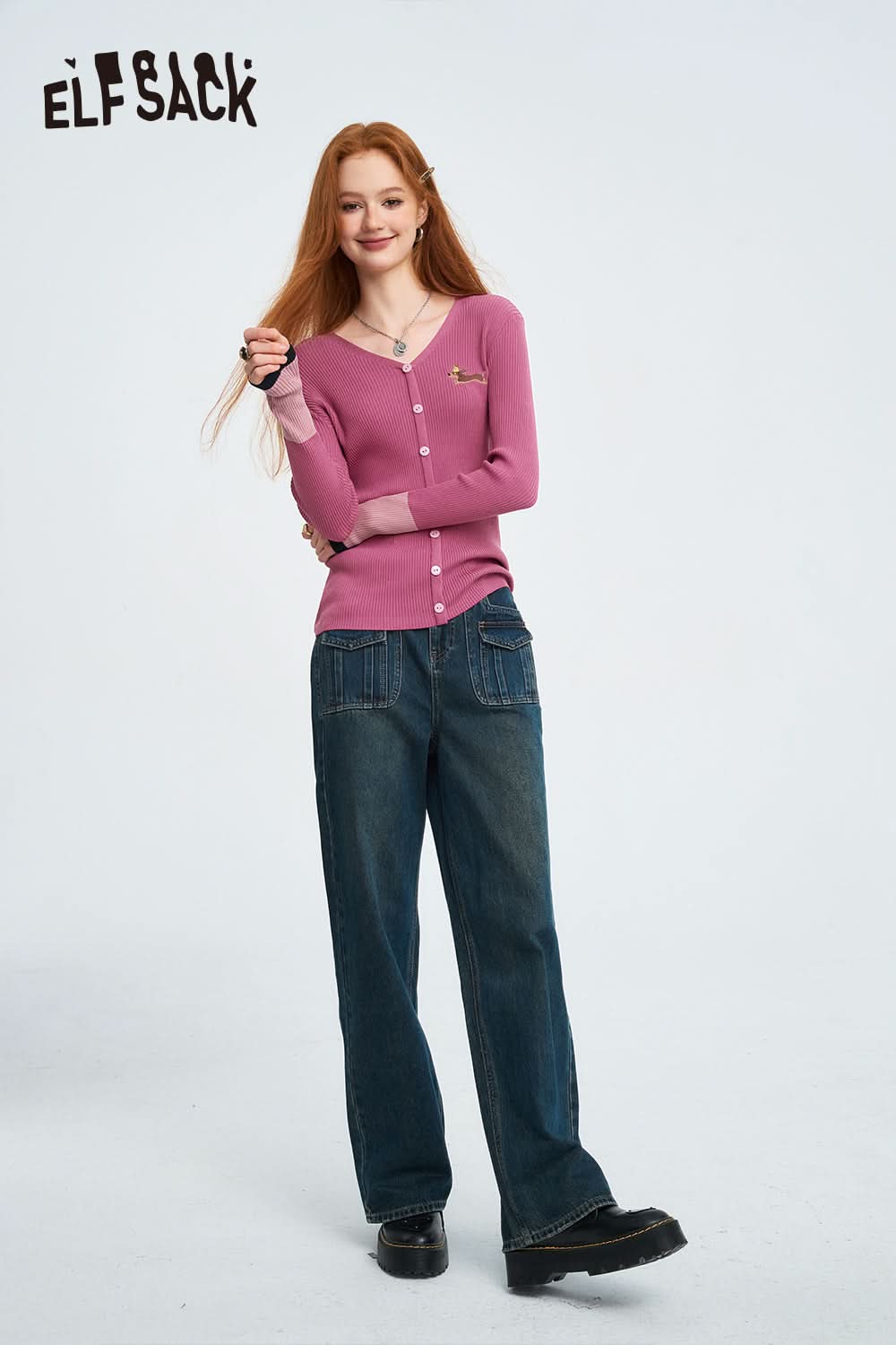 ELFSACK V-neck slim fit contrasting long sleeved knitted sweater, vintage commuting top