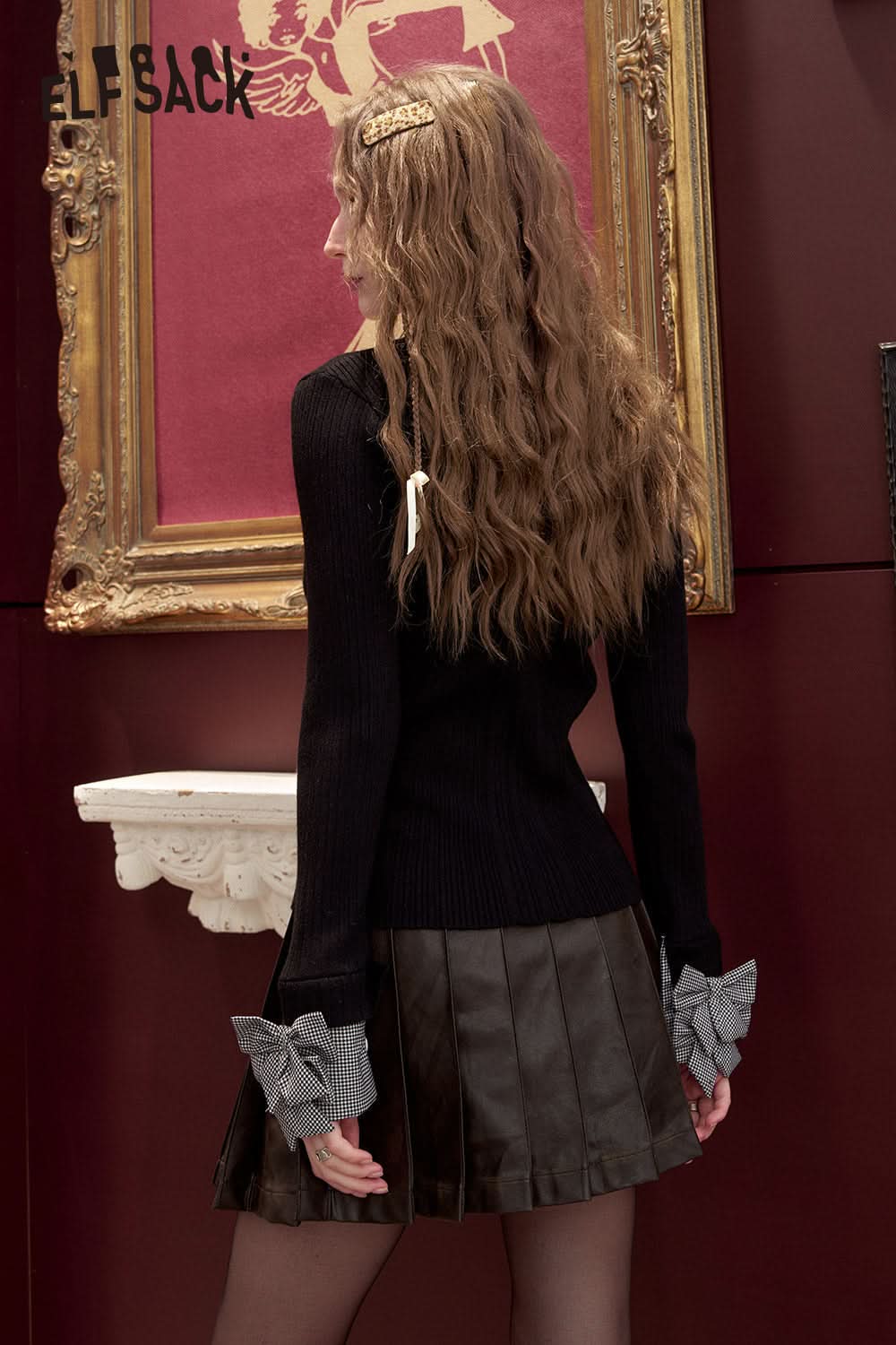 ELFSACK Knitted sweater with bow design on cuffs slim and simple versatile pullover bottoming shirt