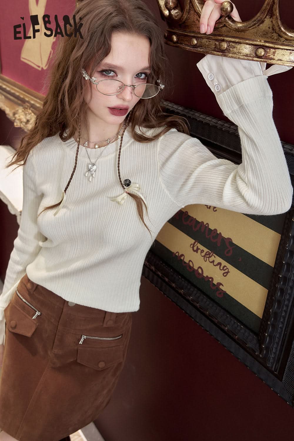 ELFSACK Knitted sweater with bow design on cuffs slim and simple versatile pullover bottoming shirt