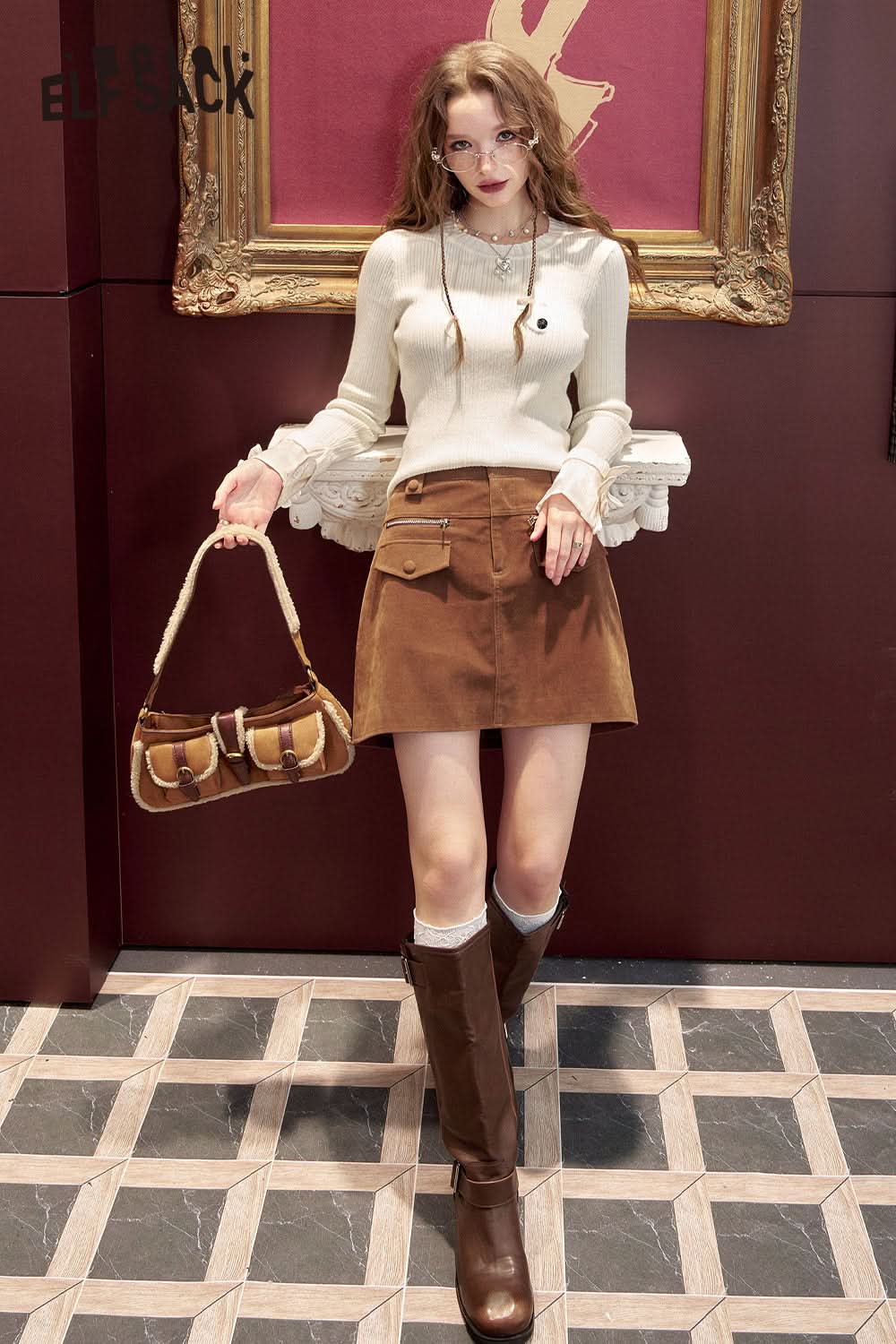 ELFSACK Knitted sweater with bow design on cuffs slim and simple versatile pullover bottoming shirt