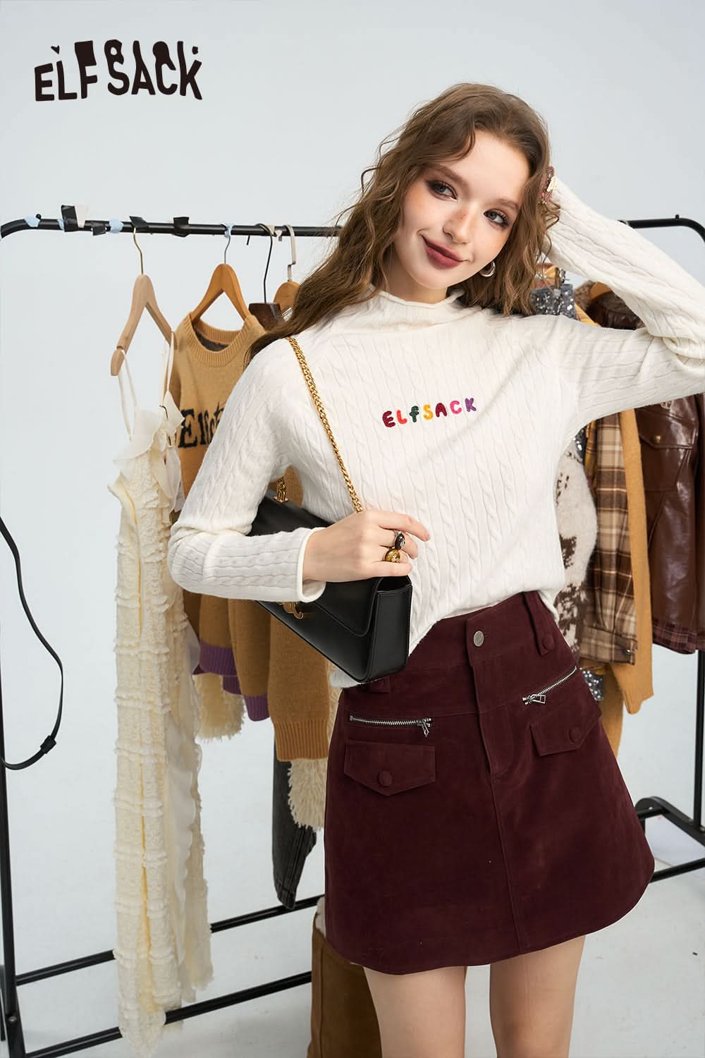 ELFSACK White twisted flower high neck knitted sweater