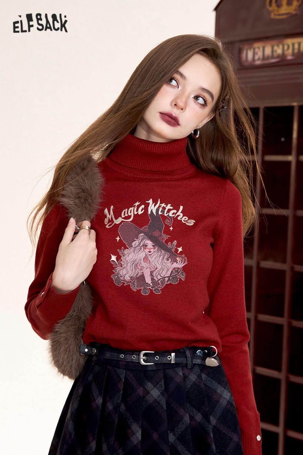 ELFSACK Dark red retro casual print turtleneck pullover knitted sweater