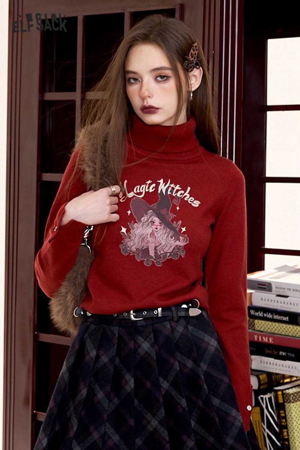 ELFSACK Dark red retro casual print turtleneck pullover knitted sweater