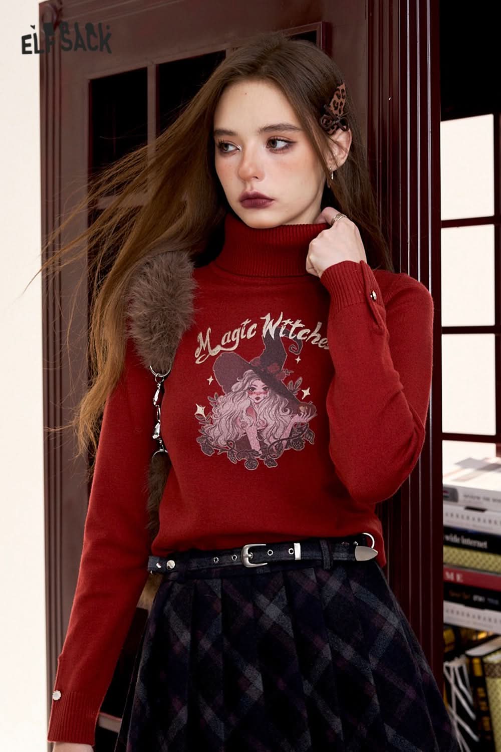 ELFSACK Dark red retro casual print turtleneck pullover knitted sweater