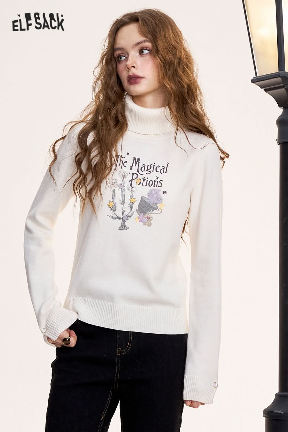 ELFSACK Dark red retro casual print turtleneck pullover knitted sweater