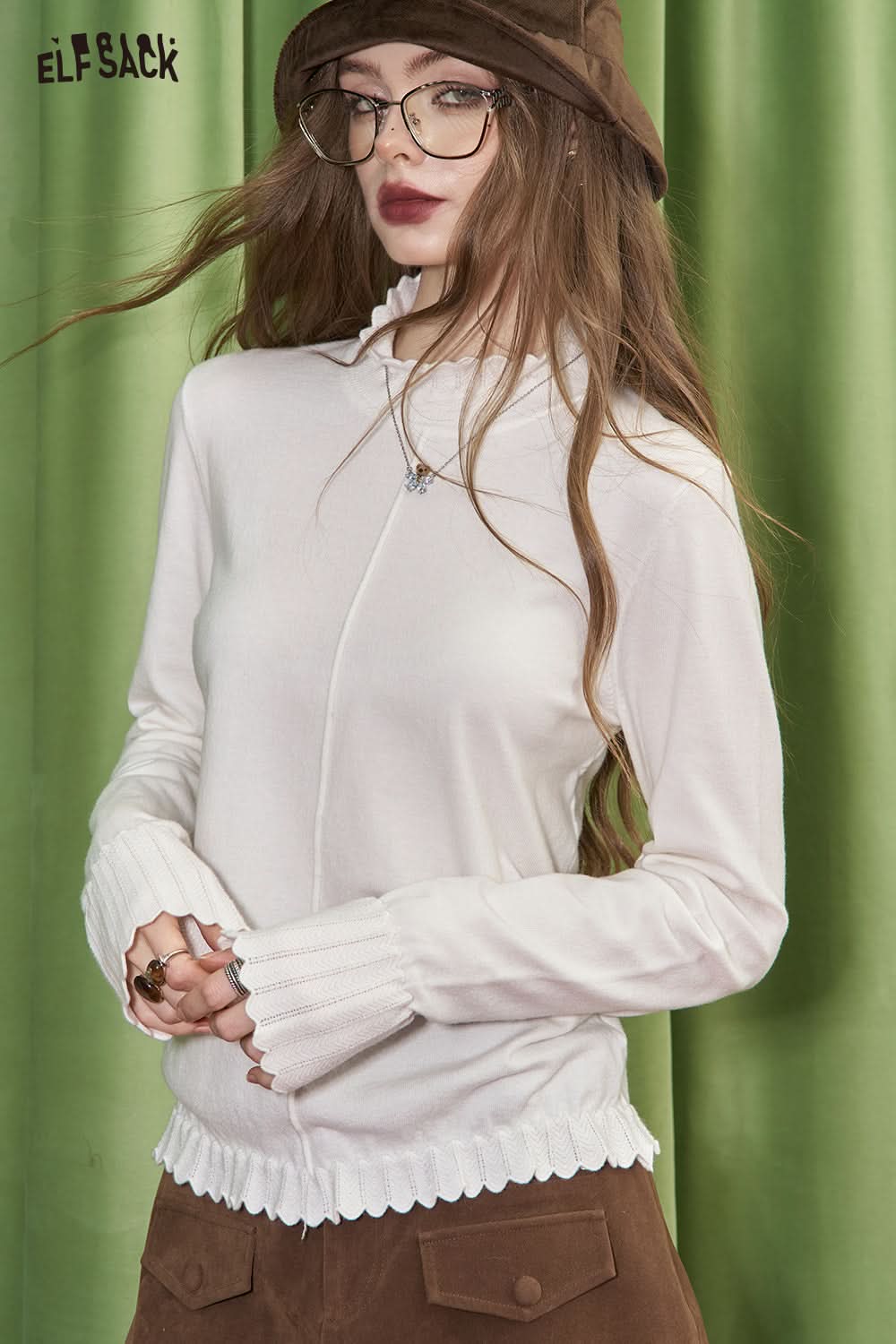 ELFSACK Gentle and sweet style ruffled half-high collar bottoming T-shirt soft women's sweater