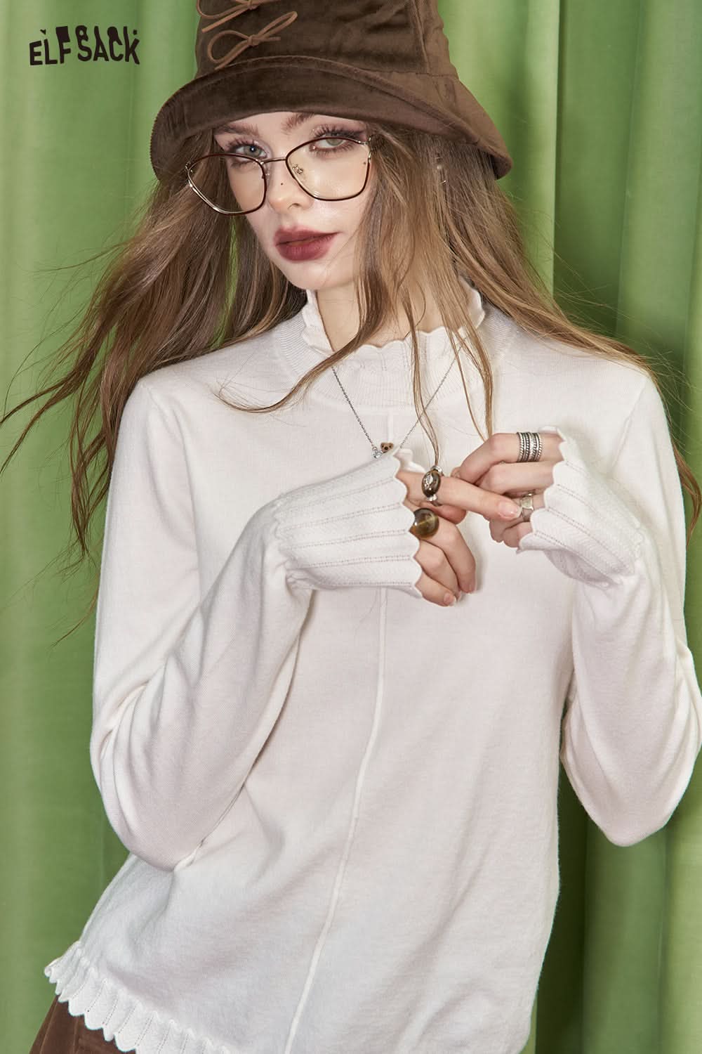 ELFSACK Gentle and sweet style ruffled half-high collar bottoming T-shirt soft women's sweater