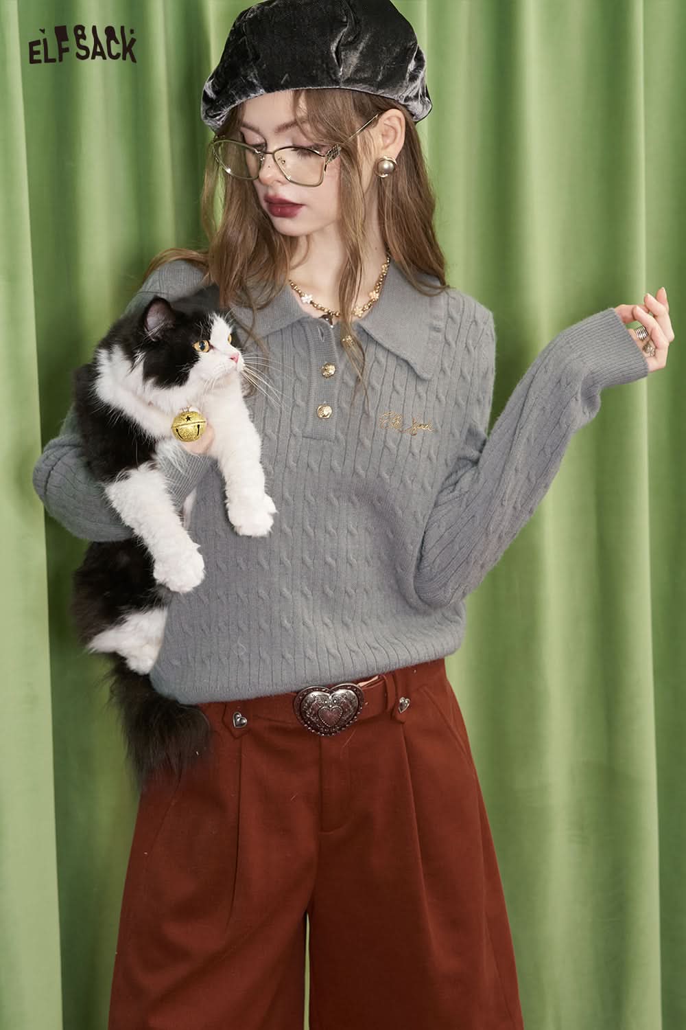 ELFSACK Preppy style slim fit letter embroidered polo neck knitted sweater