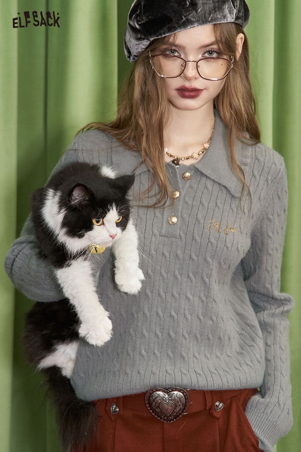 ELFSACK Preppy style slim fit letter embroidered polo neck knitted sweater