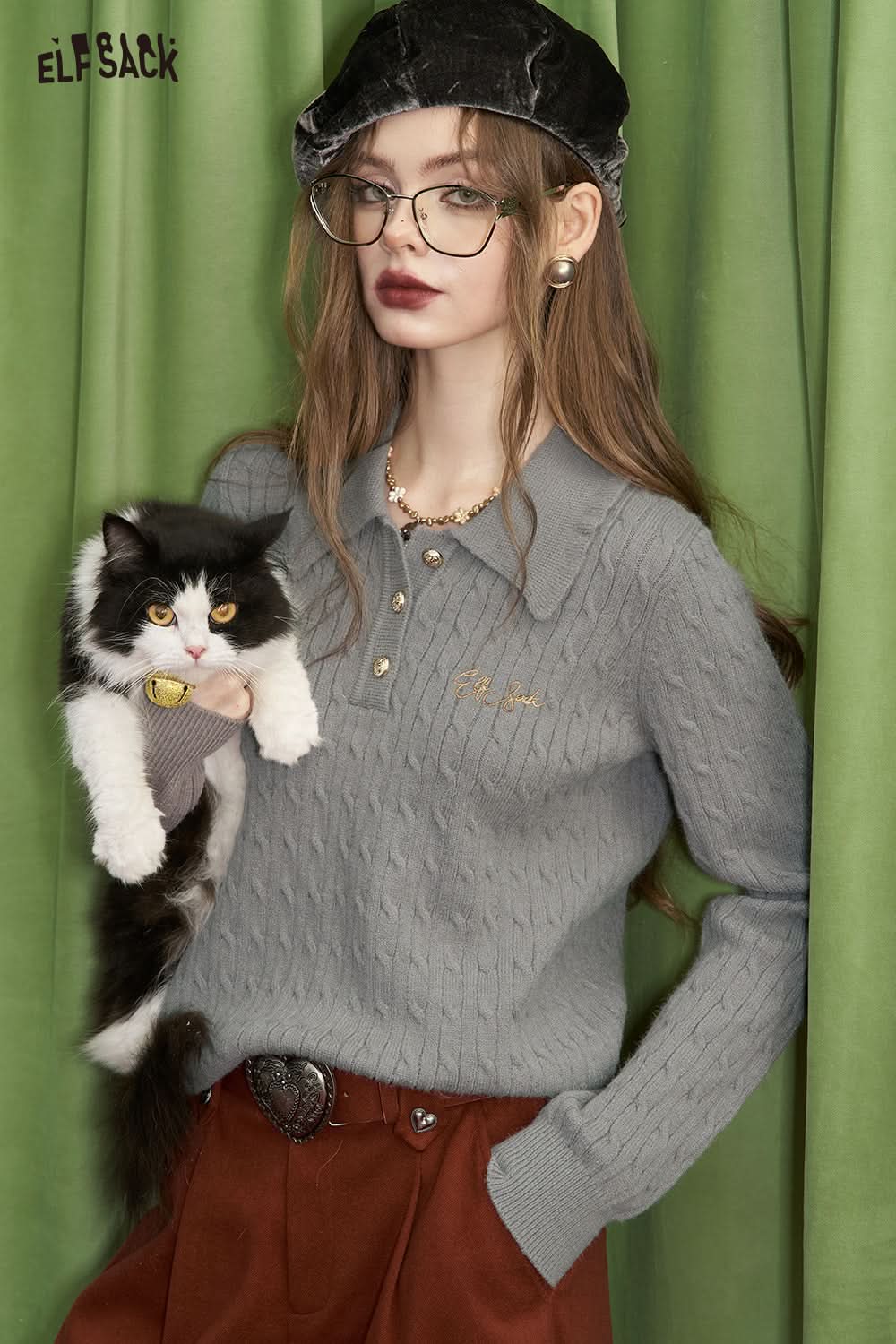 ELFSACK Preppy style slim fit letter embroidered polo neck knitted sweater