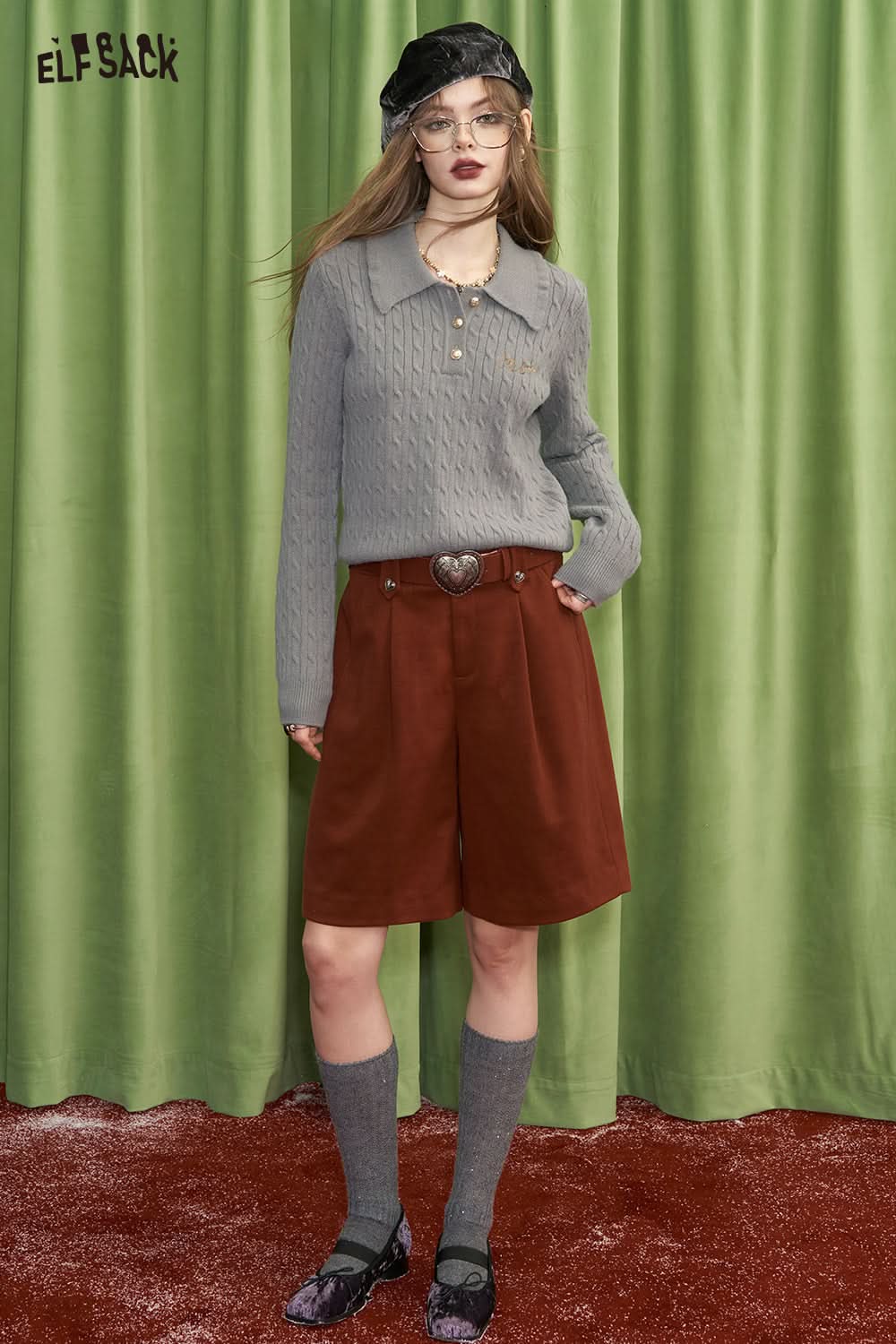 ELFSACK Preppy style slim fit letter embroidered polo neck knitted sweater