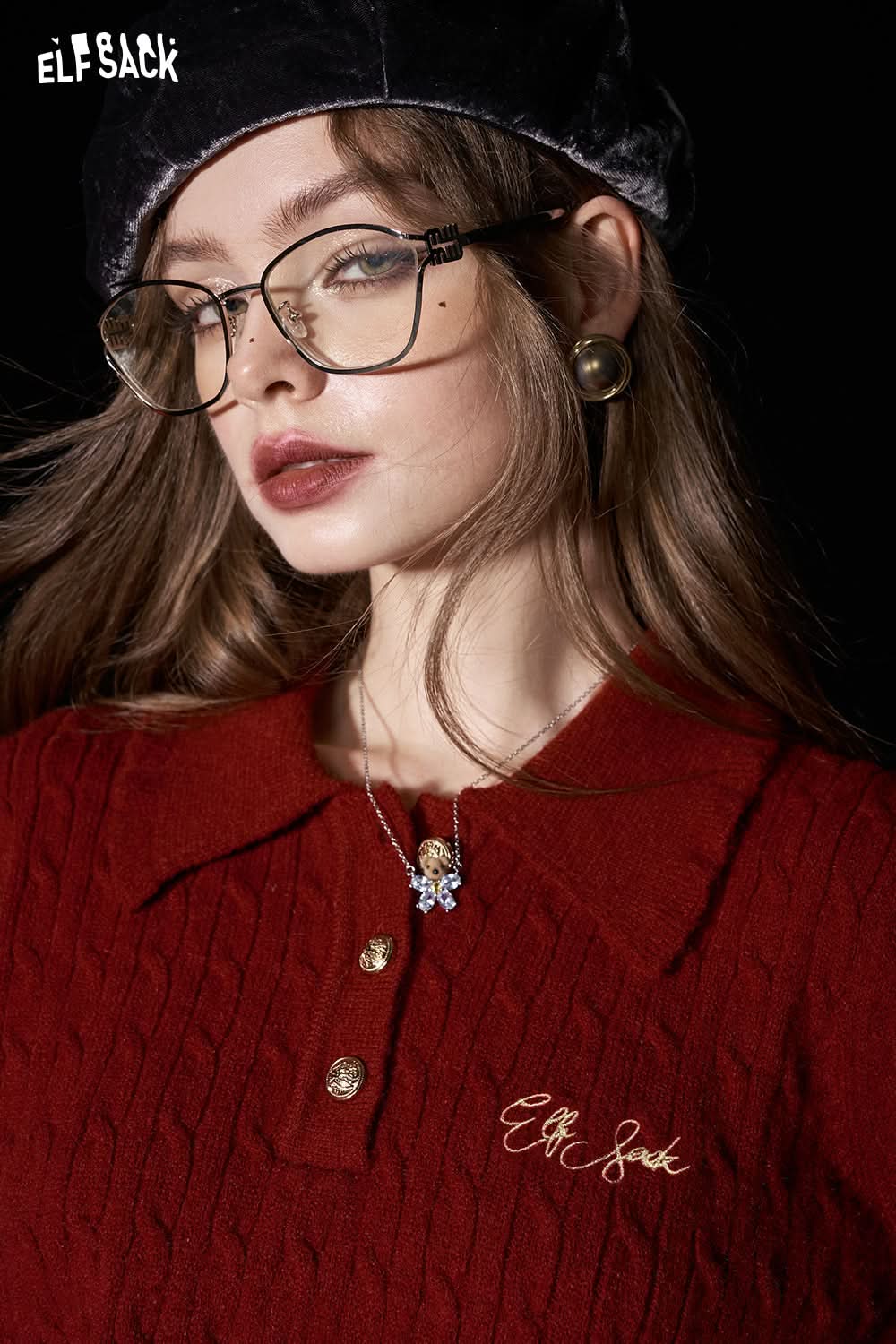 ELFSACK Preppy style slim fit letter embroidered polo neck knitted sweater