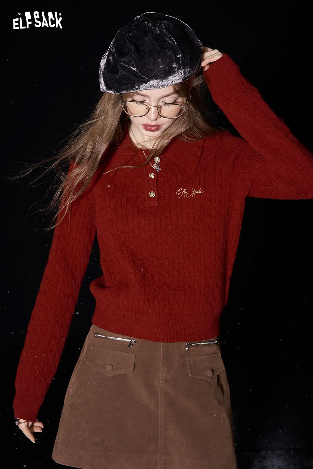 ELFSACK Preppy style slim fit letter embroidered polo neck knitted sweater