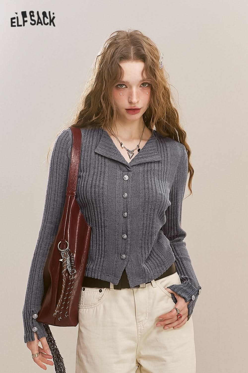 ELFSACK Polo Neck Sweater Women Fake Buttons V Neck Solid Color Short Top