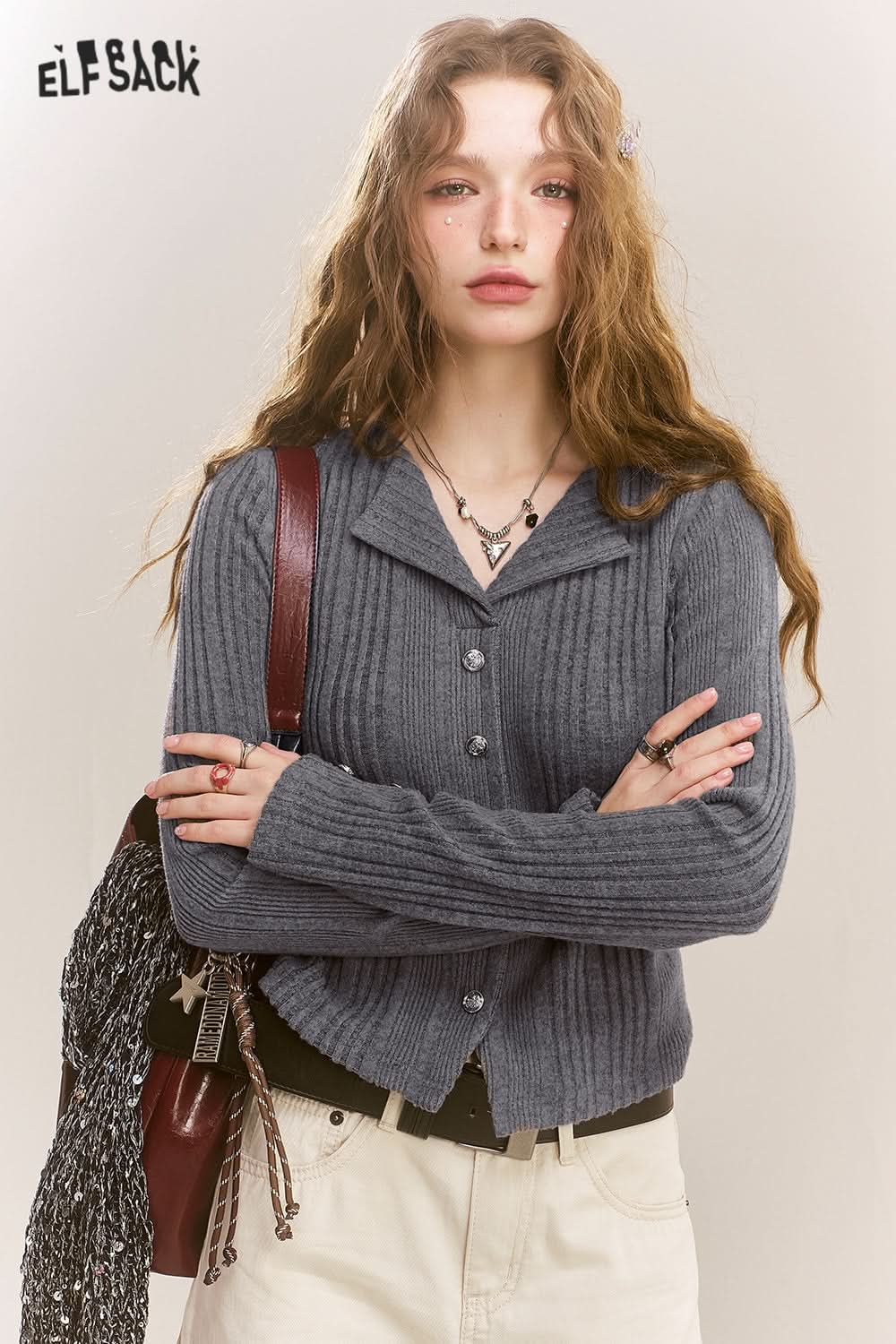 ELFSACK Polo Neck Sweater Women Fake Buttons V Neck Solid Color Short Top