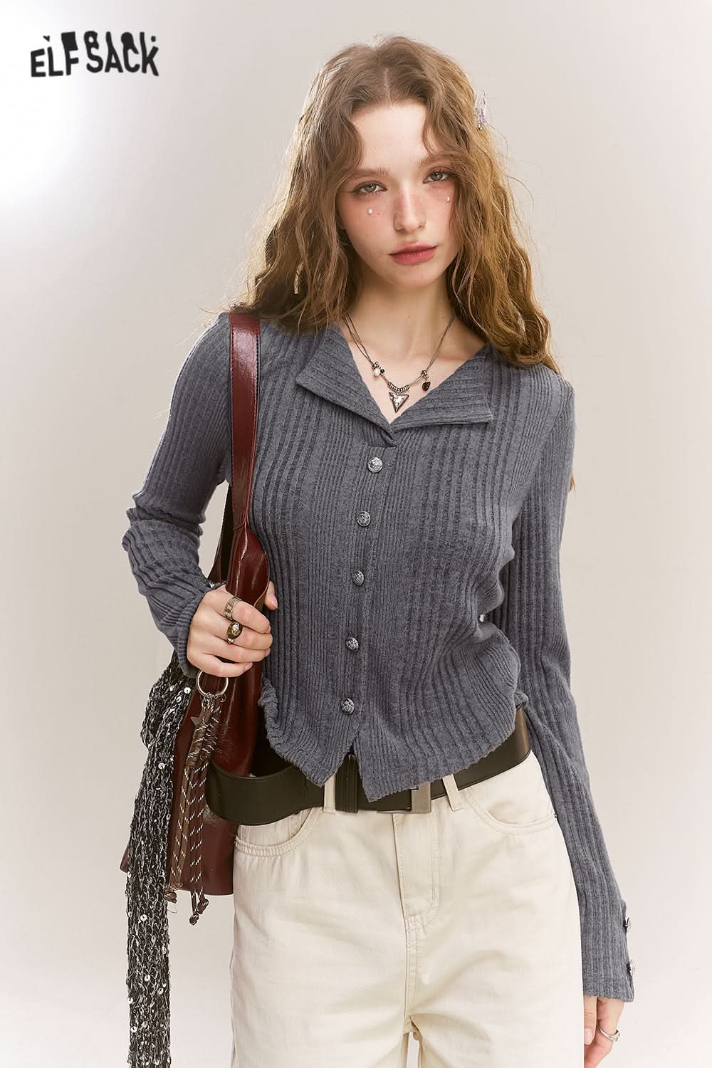 ELFSACK Polo Neck Sweater Women Fake Buttons V Neck Solid Color Short Top