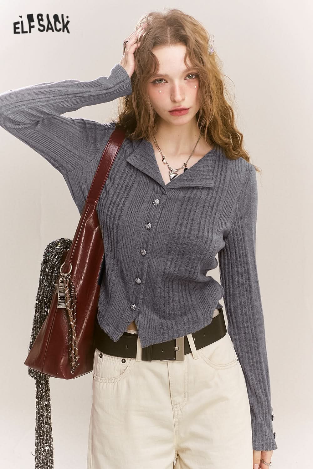 ELFSACK Polo Neck Sweater Women Fake Buttons V Neck Solid Color Short Top