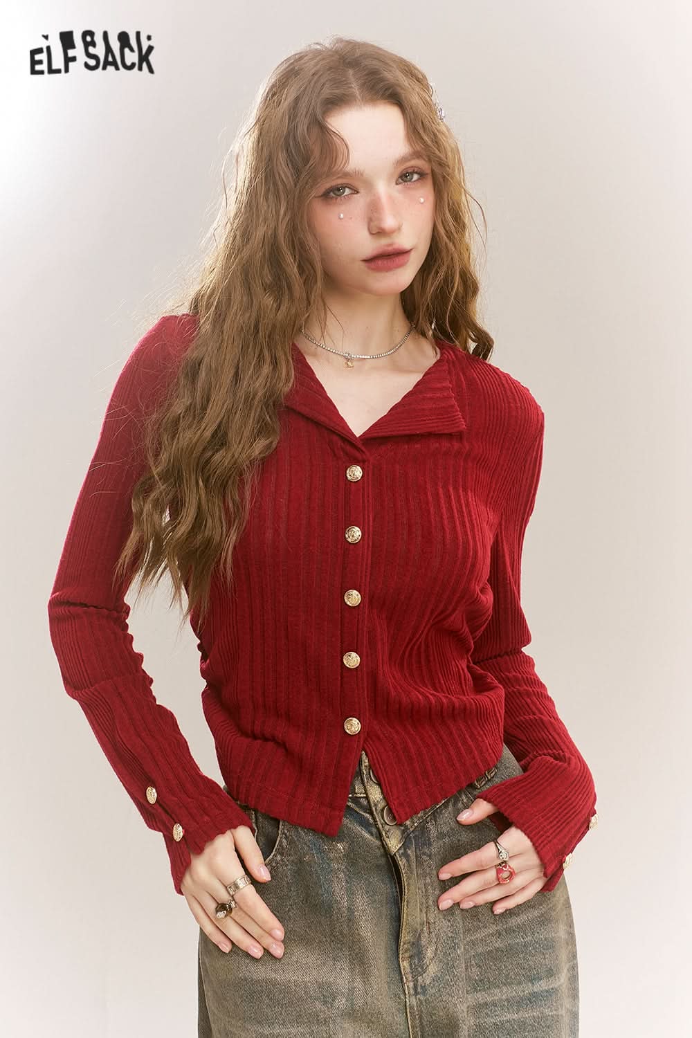 ELFSACK Polo Neck Sweater Women Fake Buttons V Neck Solid Color Short Top
