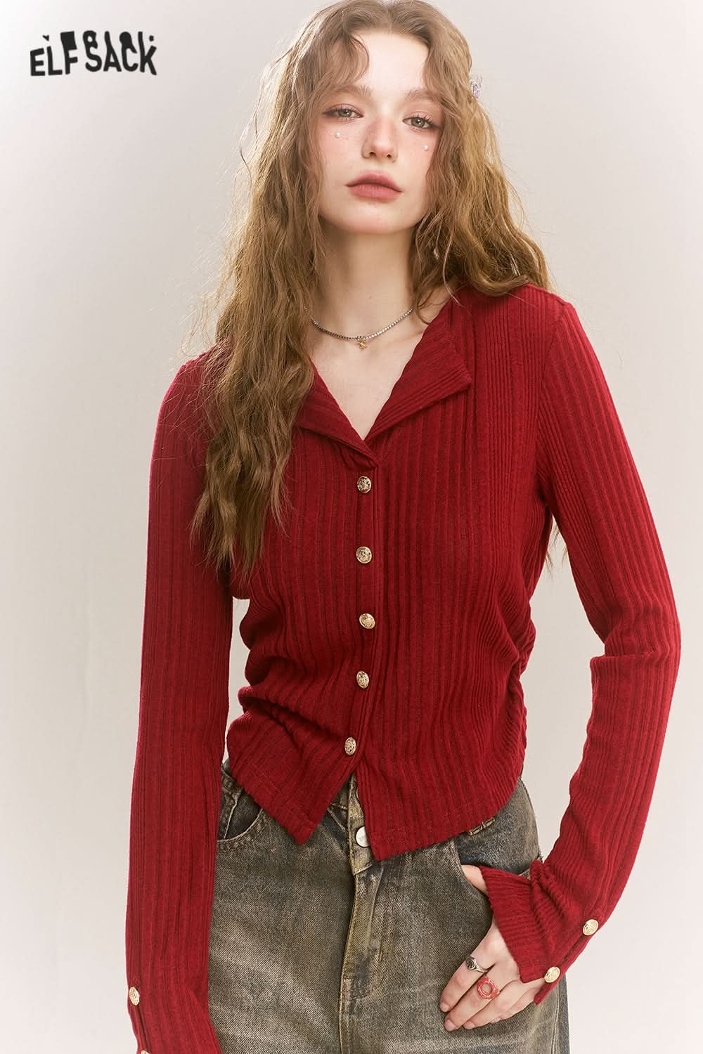 ELFSACK Polo Neck Sweater Women Fake Buttons V Neck Solid Color Short Top