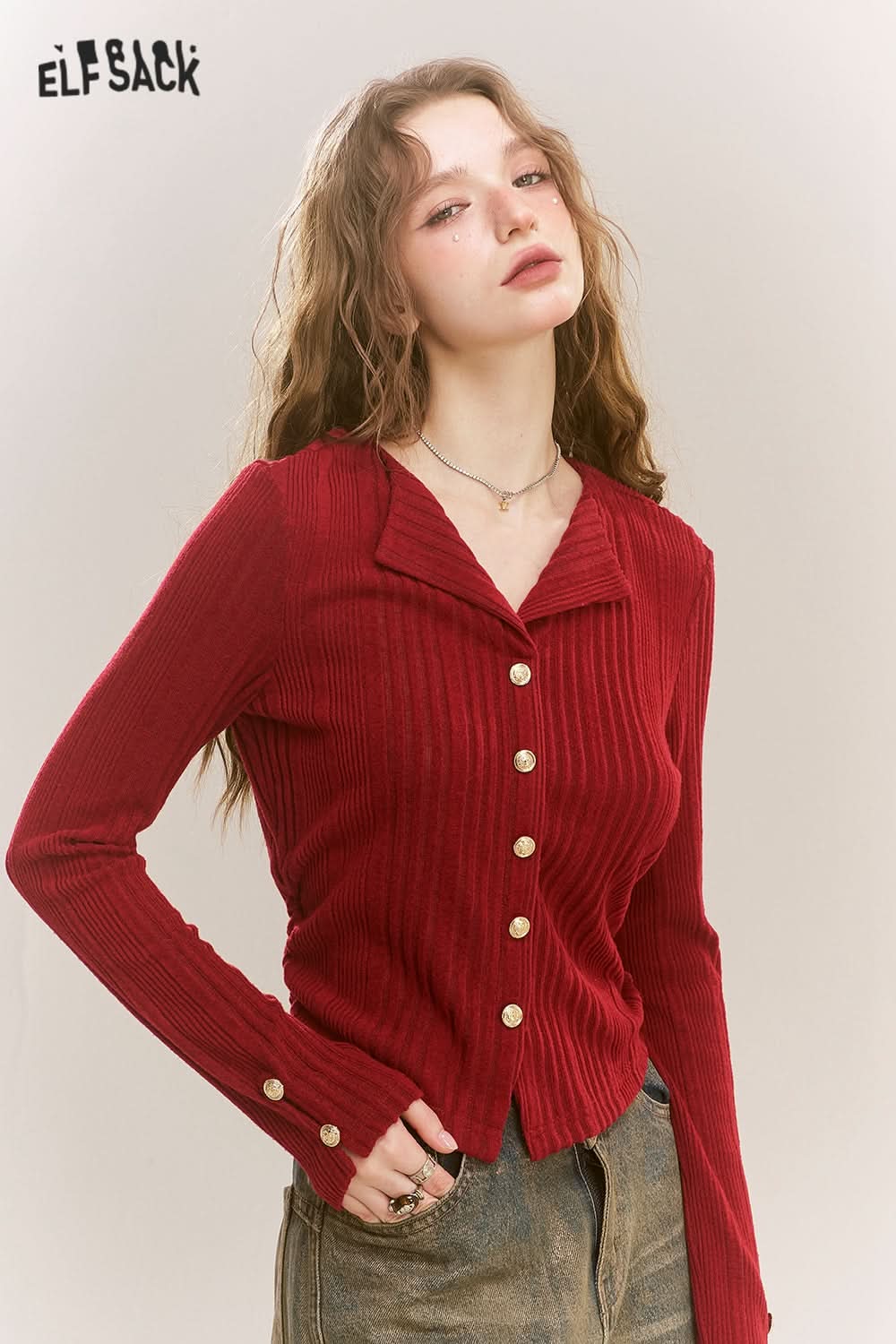 ELFSACK Polo Neck Sweater Women Fake Buttons V Neck Solid Color Short Top