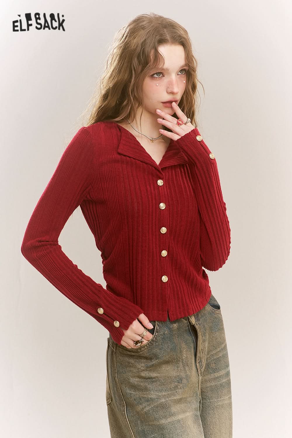 ELFSACK Polo Neck Sweater Women Fake Buttons V Neck Solid Color Short Top
