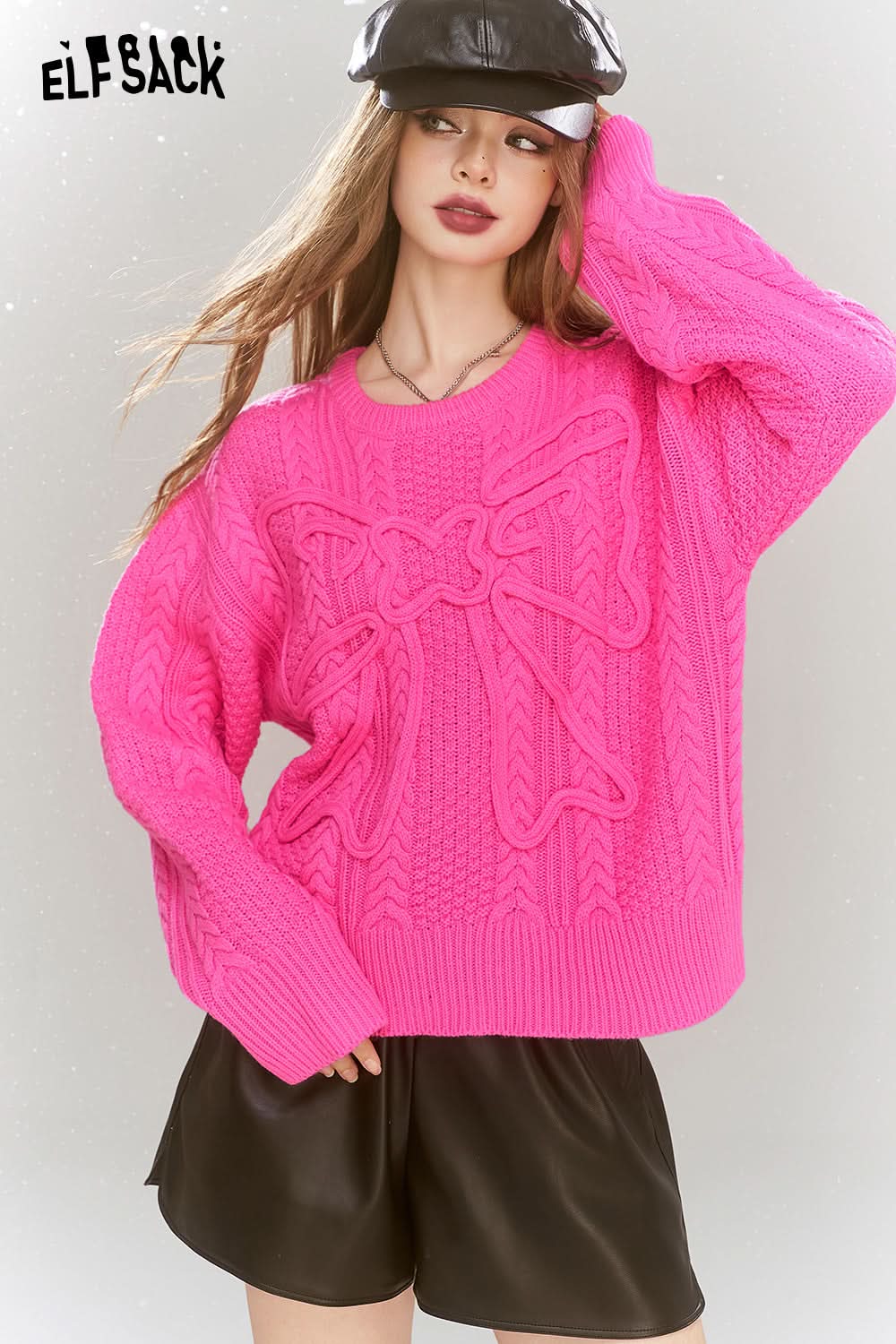 ELFSACK Sweet bow pullover sweater soft and versatile round neck inner wear top