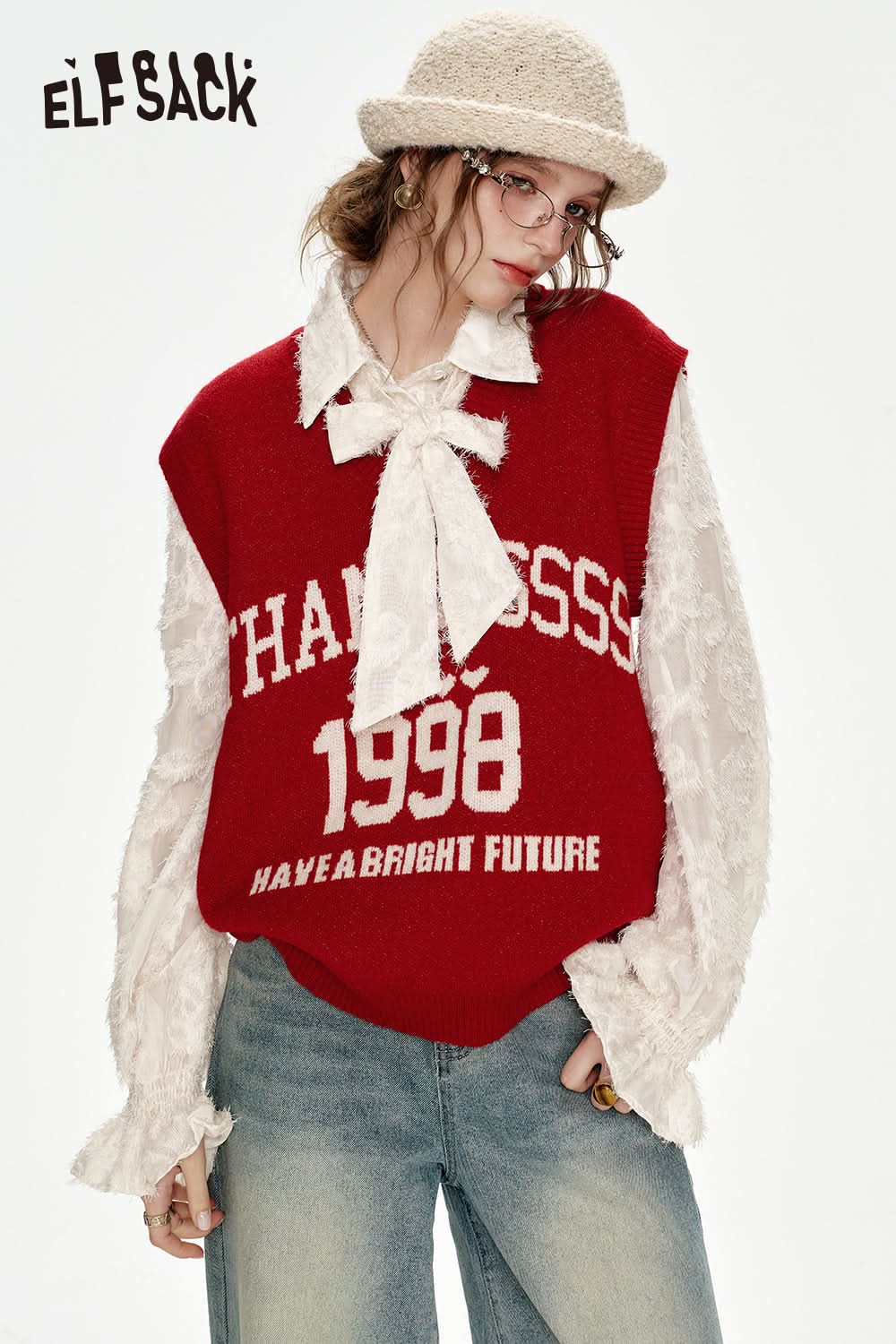 ELFSACK Fake two-piece stitching Year red lapel bow knitted pullover