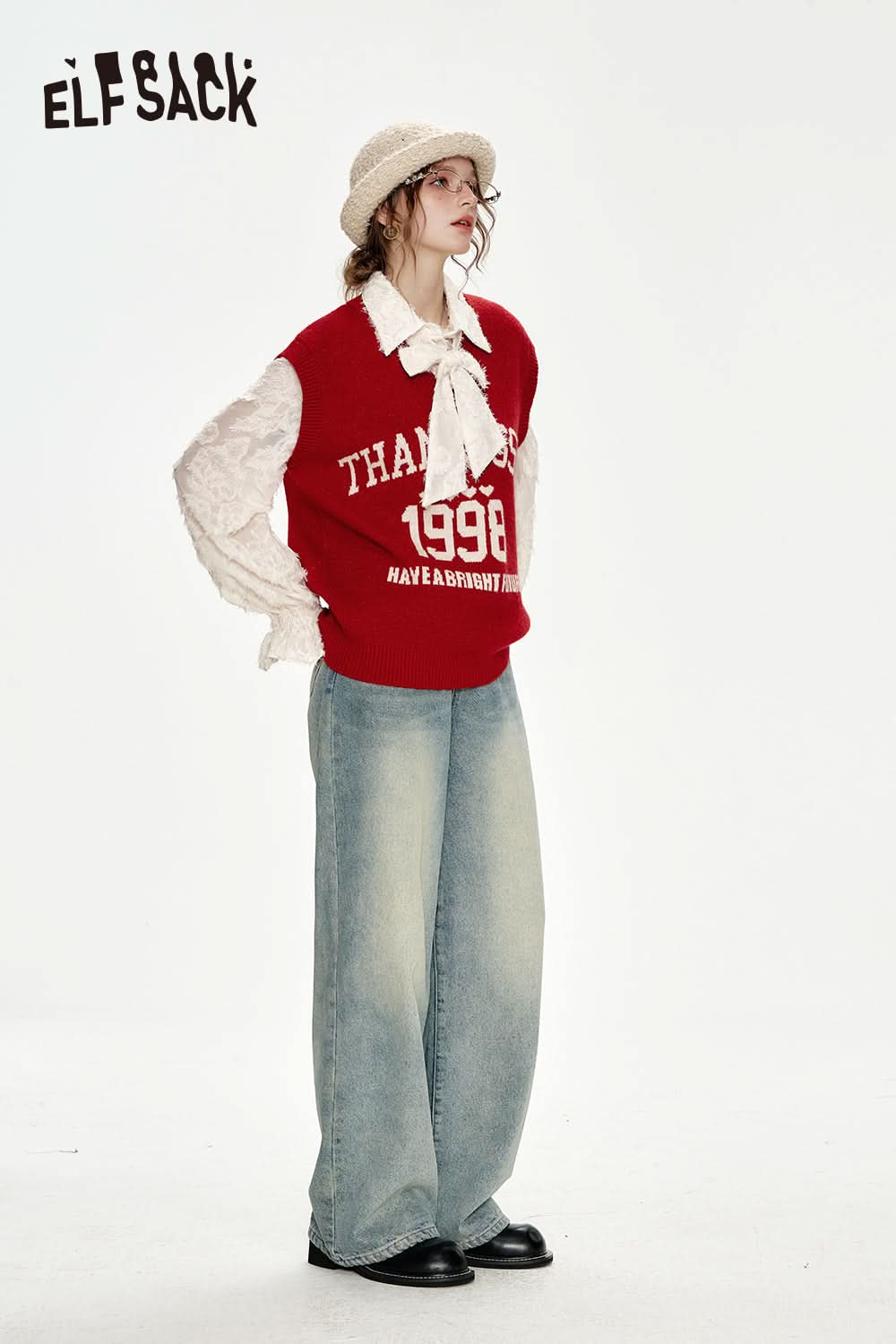 ELFSACK Fake two-piece stitching Year red lapel bow knitted pullover