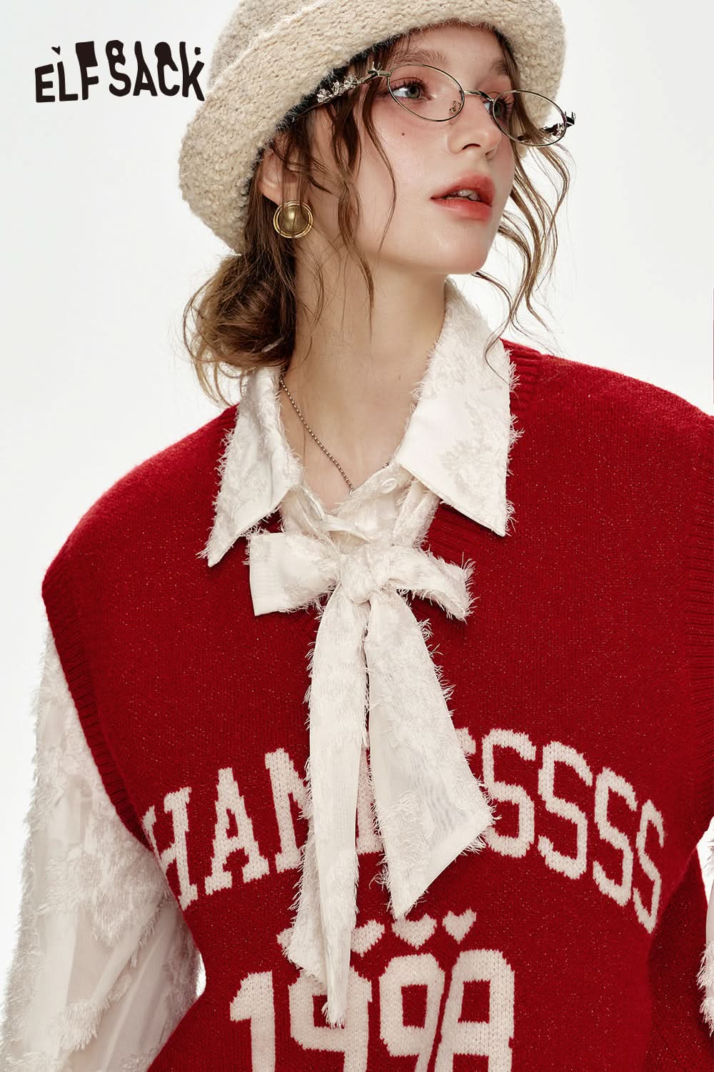 ELFSACK Fake two-piece stitching Year red lapel bow knitted pullover