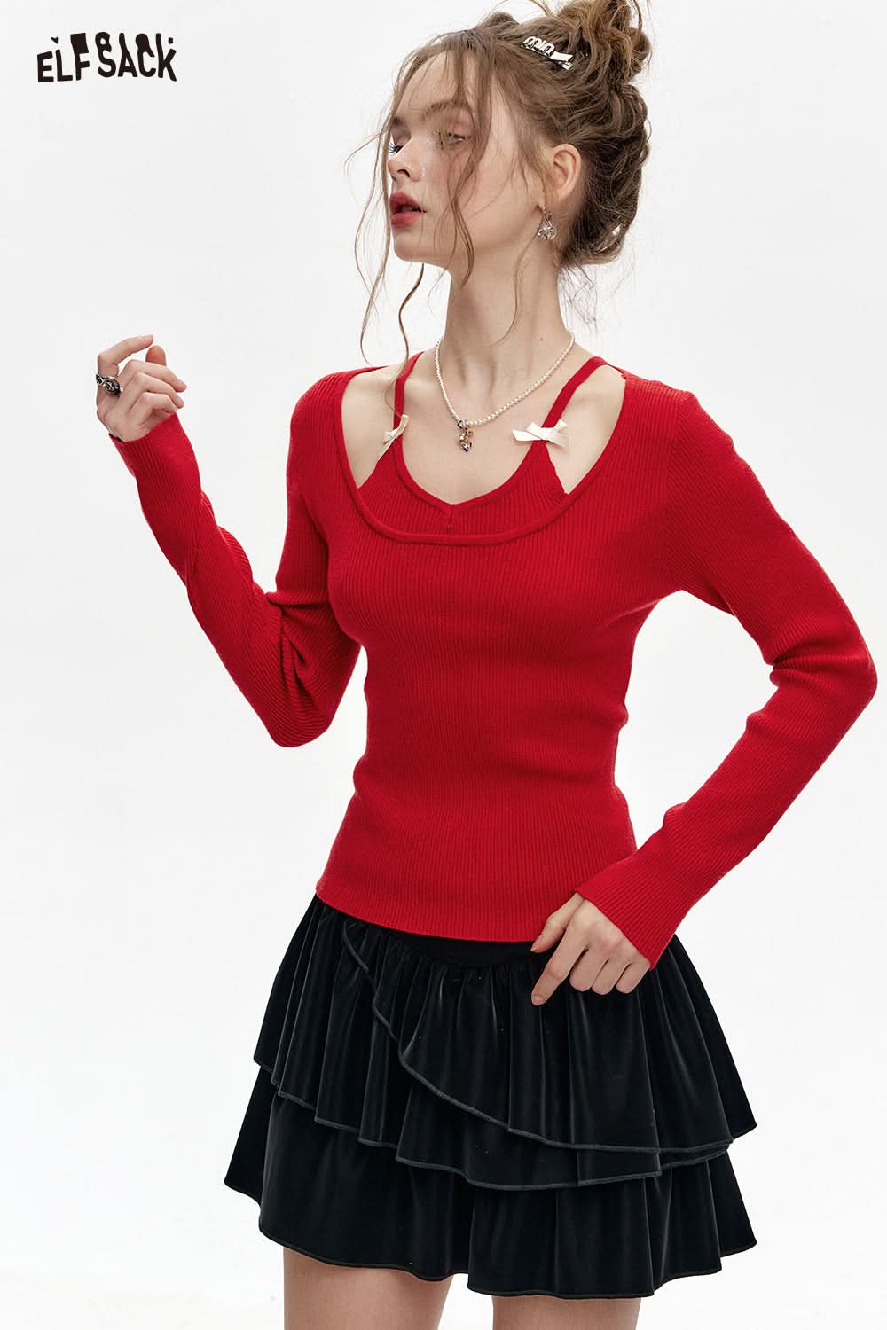 ELFSACK Fake two-piece halter neck red slim fit knitted pullover
