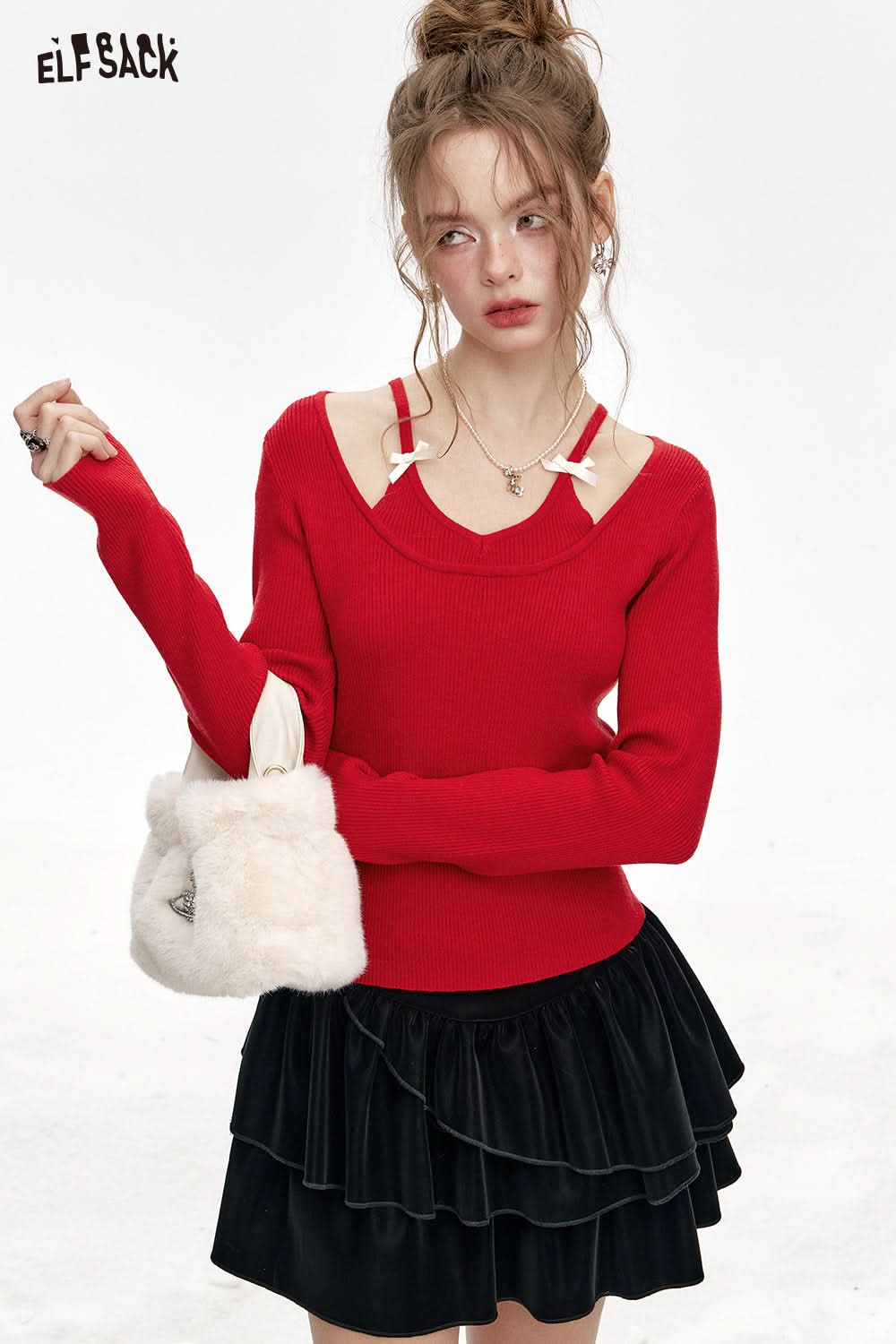 ELFSACK Fake two-piece halter neck red slim fit knitted pullover
