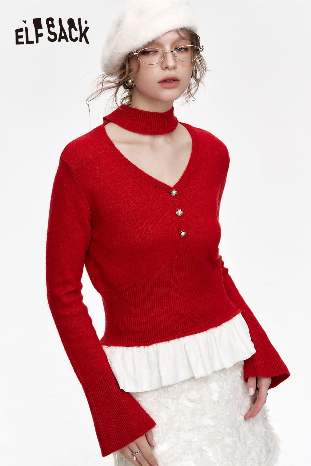ELFSACK Year Red V-neck Hollow Splicing Knitted Pullover Women