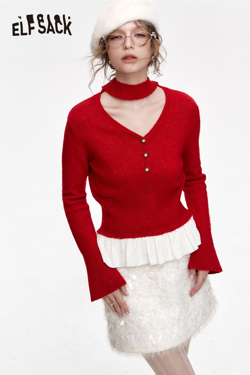ELFSACK Year Red V-neck Hollow Splicing Knitted Pullover Women
