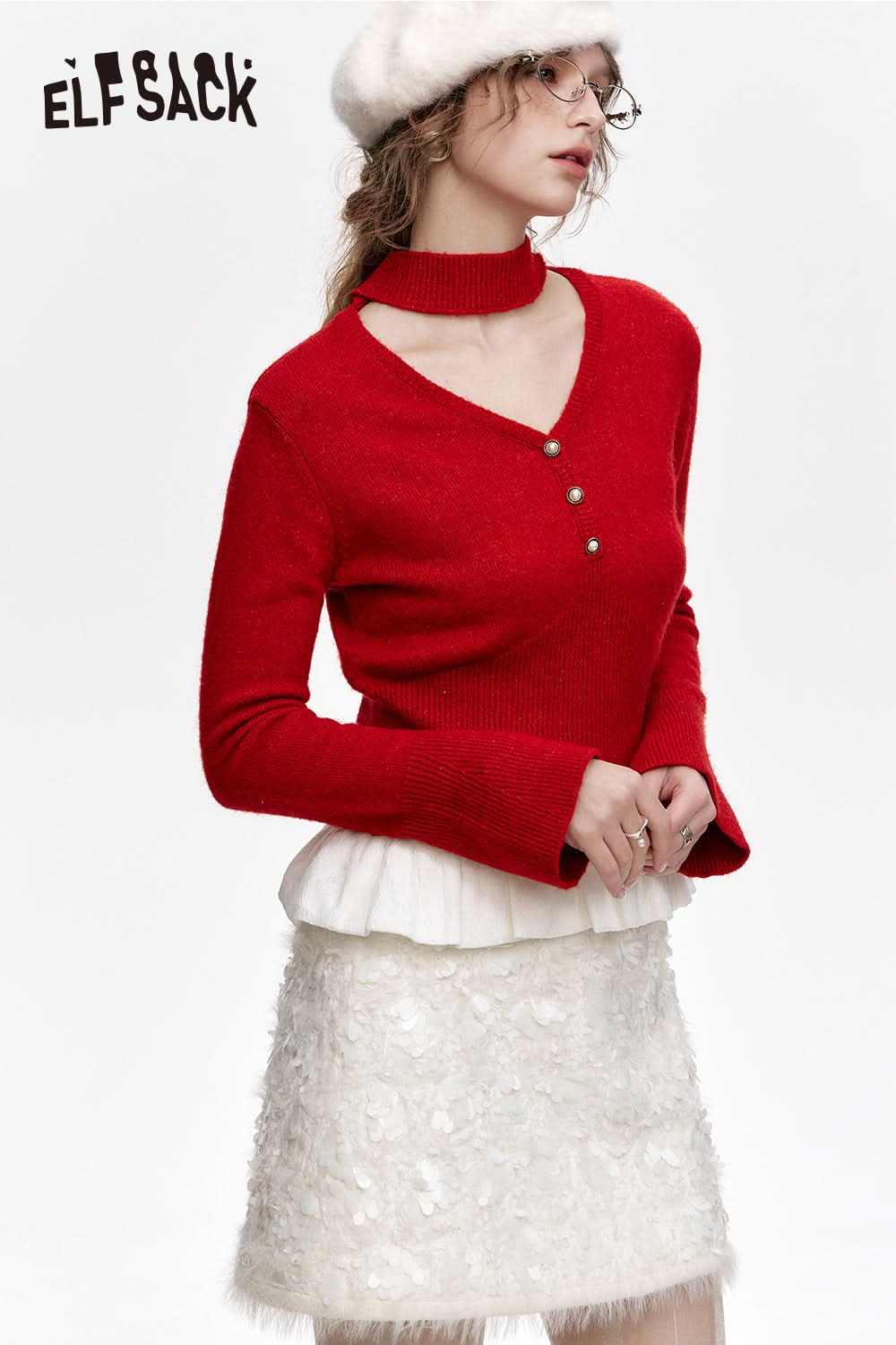 ELFSACK Year Red V-neck Hollow Splicing Knitted Pullover Women