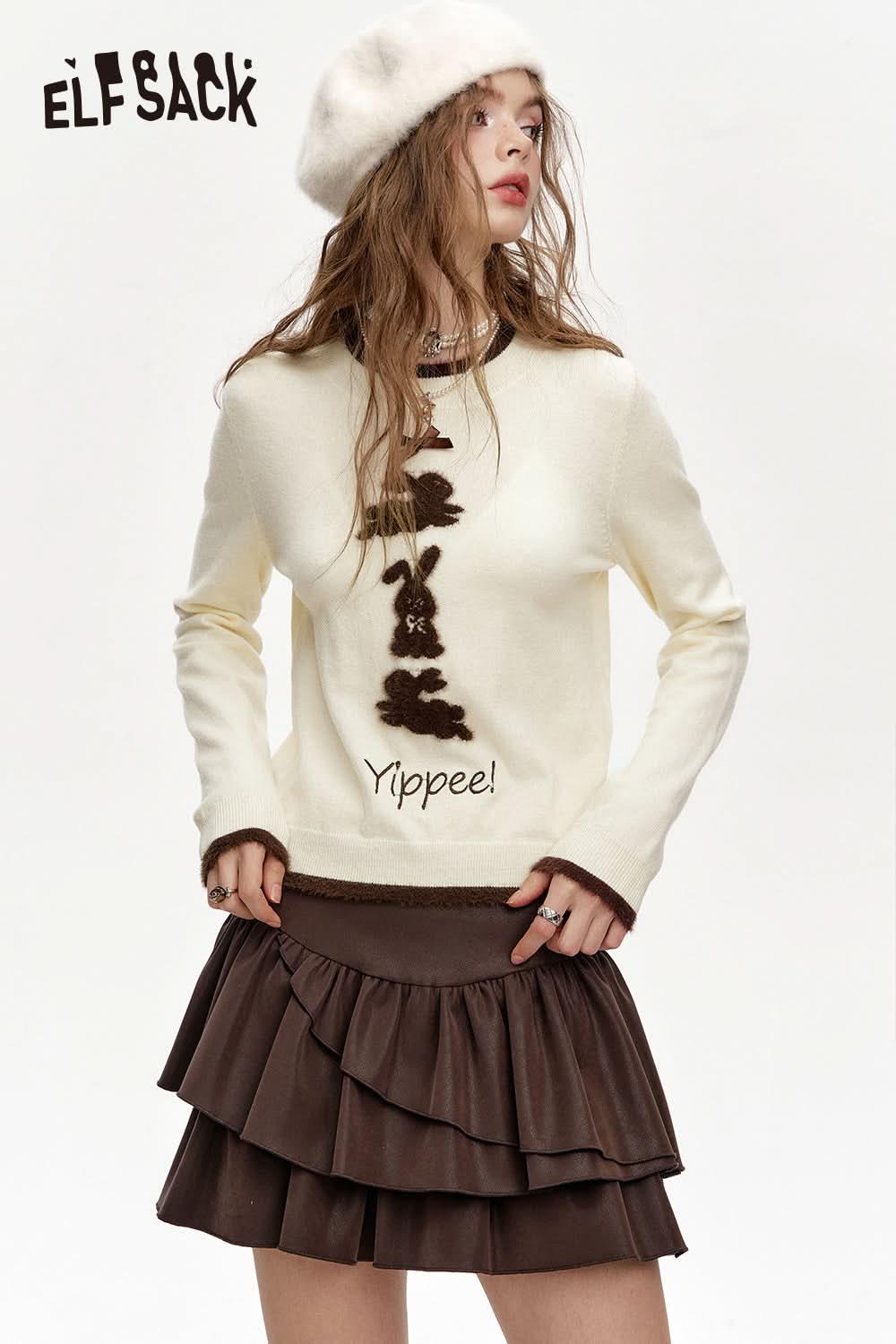 ELFSACK Crew neck faux plush bunny print short knitted pullover