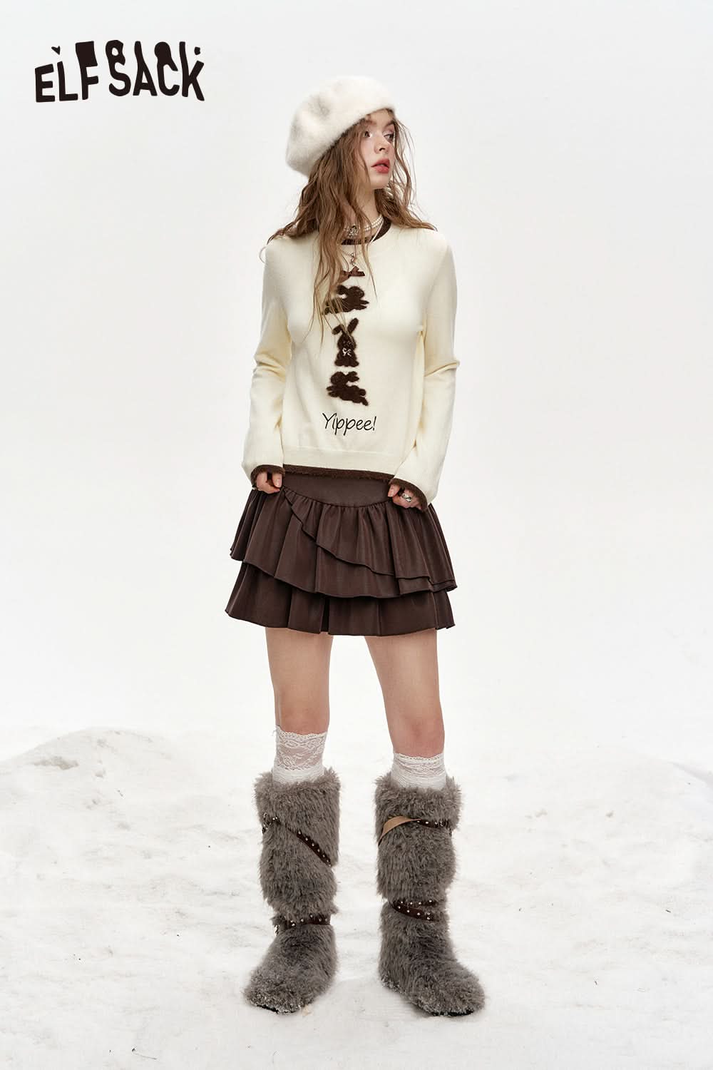 ELFSACK Crew neck faux plush bunny print short knitted pullover