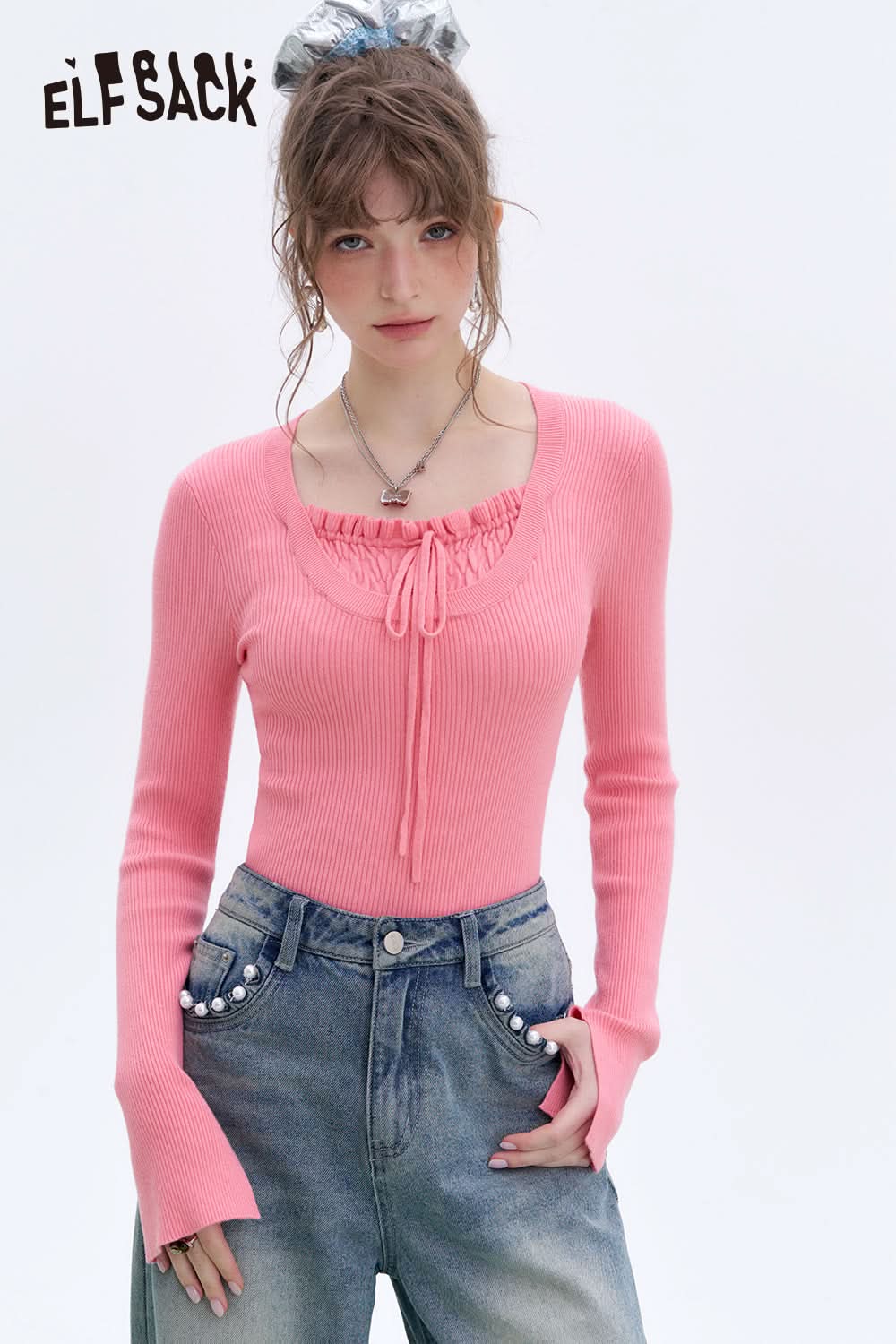 ELFSACK Pink Square Neck Drawstring Slim Fit Knit Pullover Women