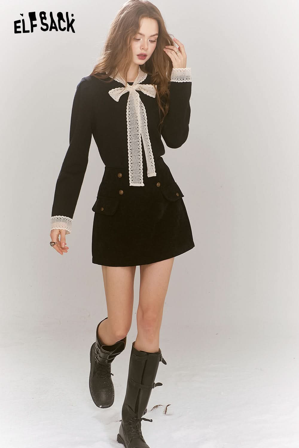 ELFSACK Elegant lace patchwork slim tie bow pearl button French knit sweater