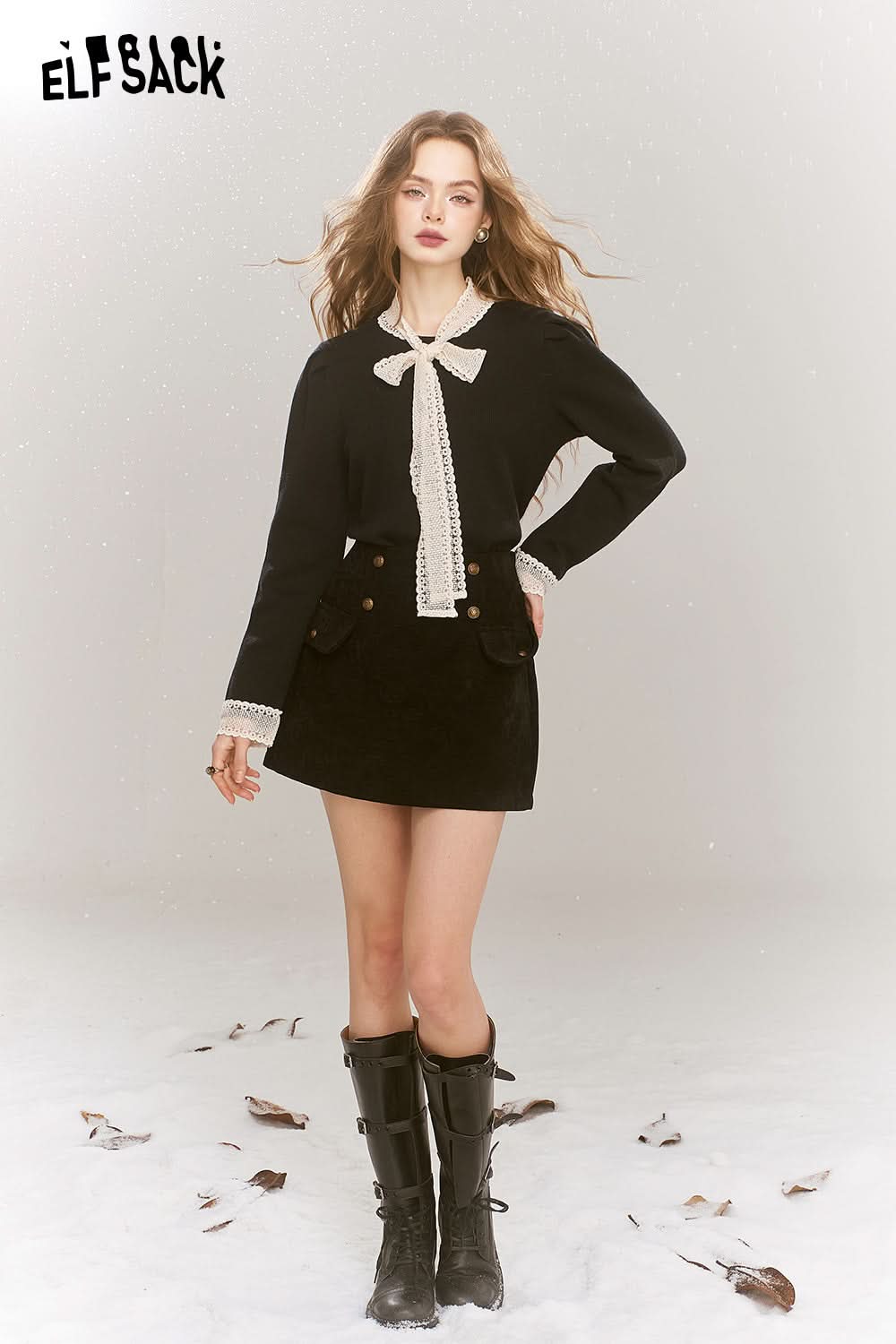 ELFSACK Elegant lace patchwork slim tie bow pearl button French knit sweater