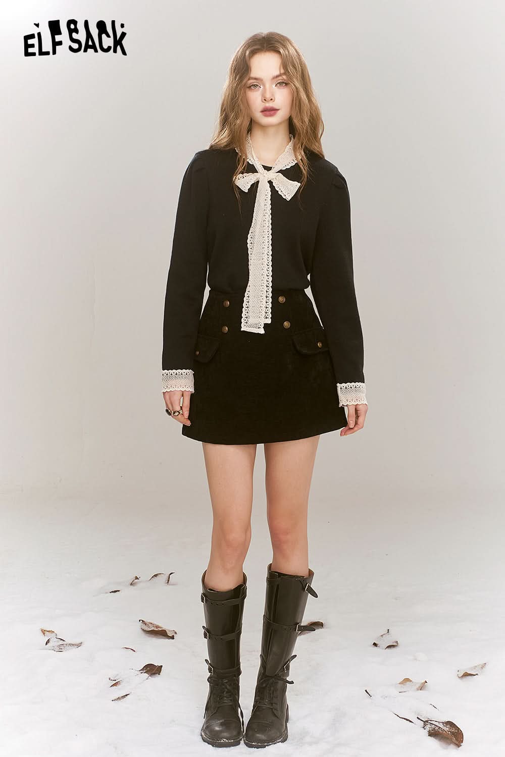 ELFSACK Elegant lace patchwork slim tie bow pearl button French knit sweater